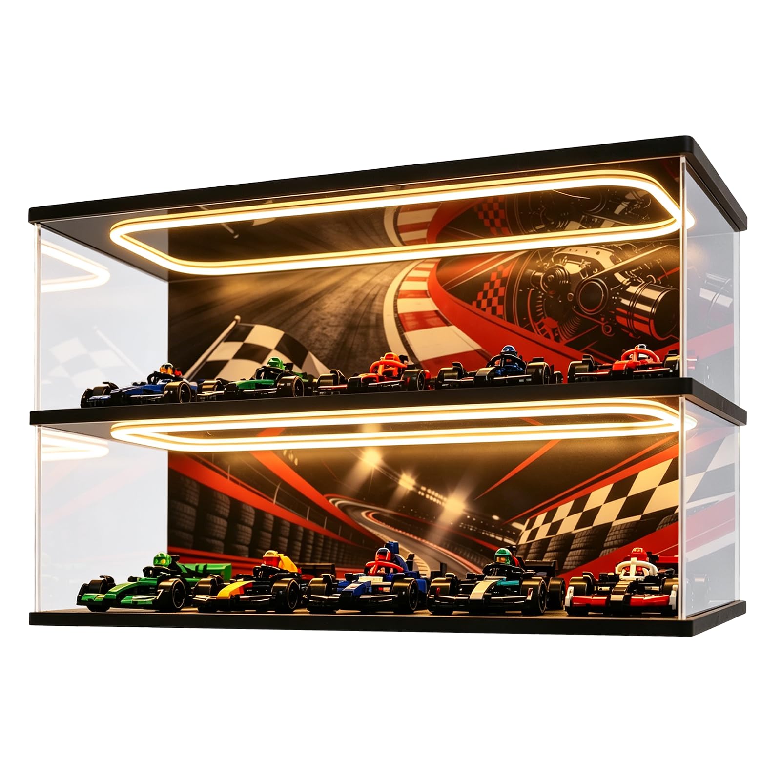 Acrylic Display Case with LED for LEGO Speed Champions 10-in-1 | Compatible with LEGO 77242-77251 (10 cars), Double Layer Dustproof Showcase, Gift for Car Model Collectors(No Car Included)