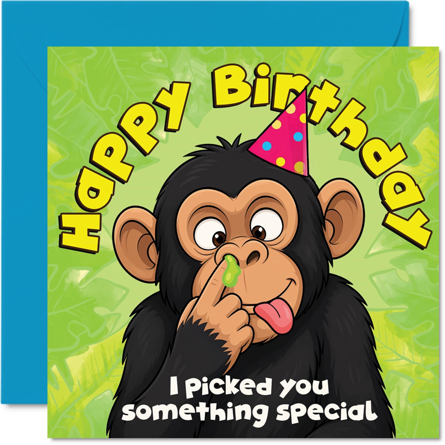 Cheeky Birthday Card - Pick of the Bunch Birthday Laughs - Cartoon Chimp Picks Its Nose on a Playful Green Party Scene - 145mm Square, Envelope Included
