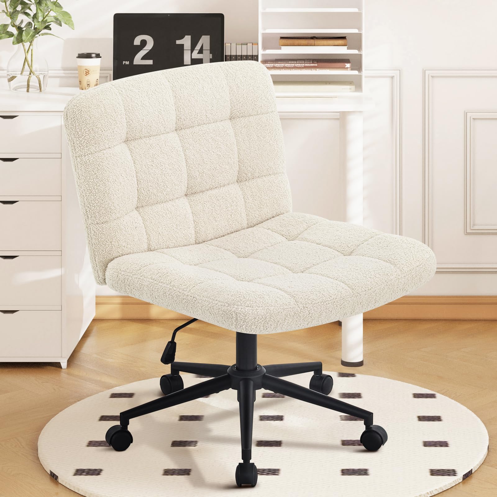 Hellove Silla de oficina de sastre, silla de escritorio ancha sin brazos, ergonómica, altura ajustable, cómoda silla giratoria Sherpa para oficina en casa, estudio, dormitorio, beige