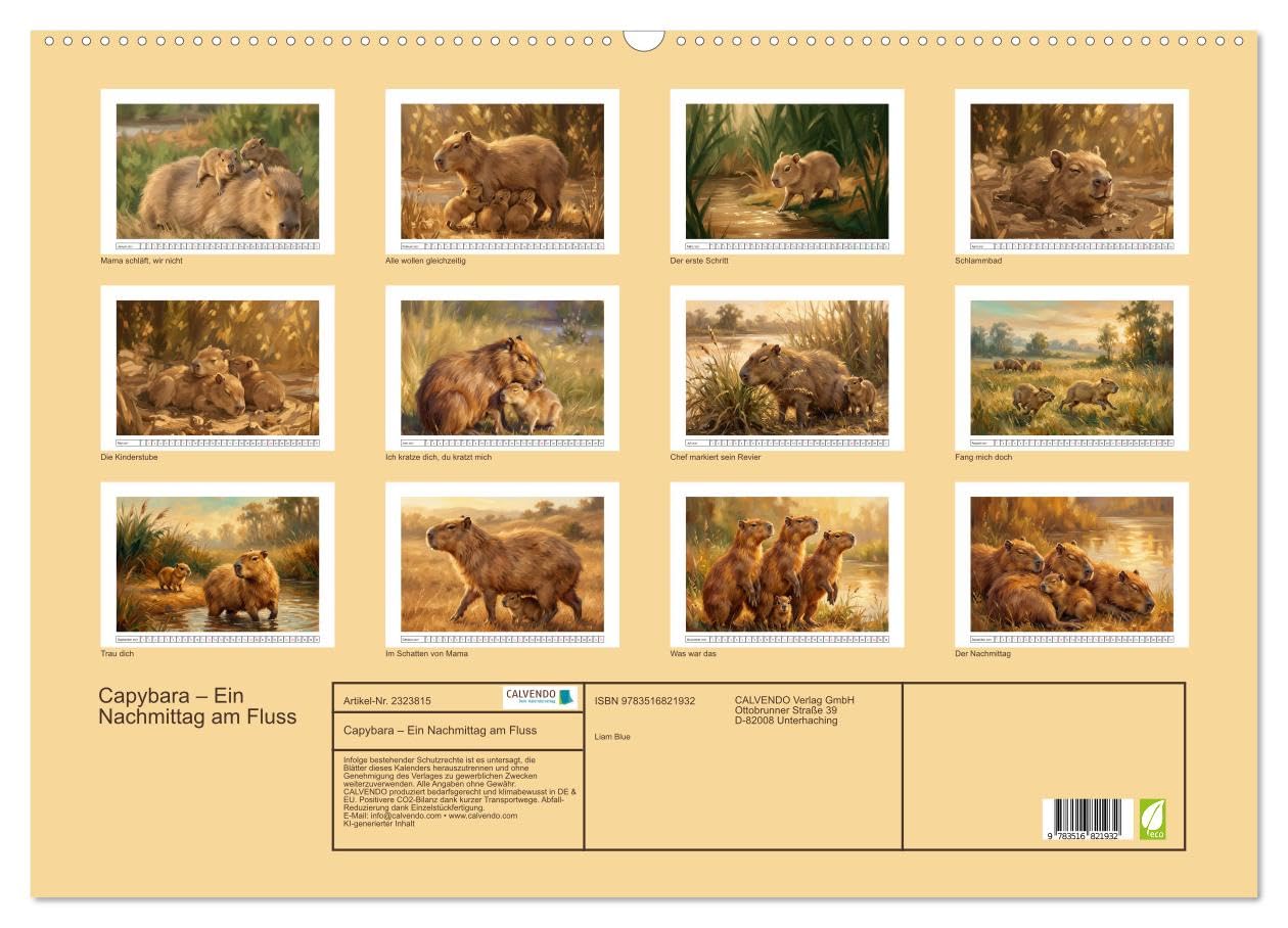 Capybara – Ein Nachmittag am Fluss (Wandkalender 2027 DIN A2 quer), CALVENDO Monatskalender: Eine Gruppe und ihre Kleinen (CALVENDO Tiere)
