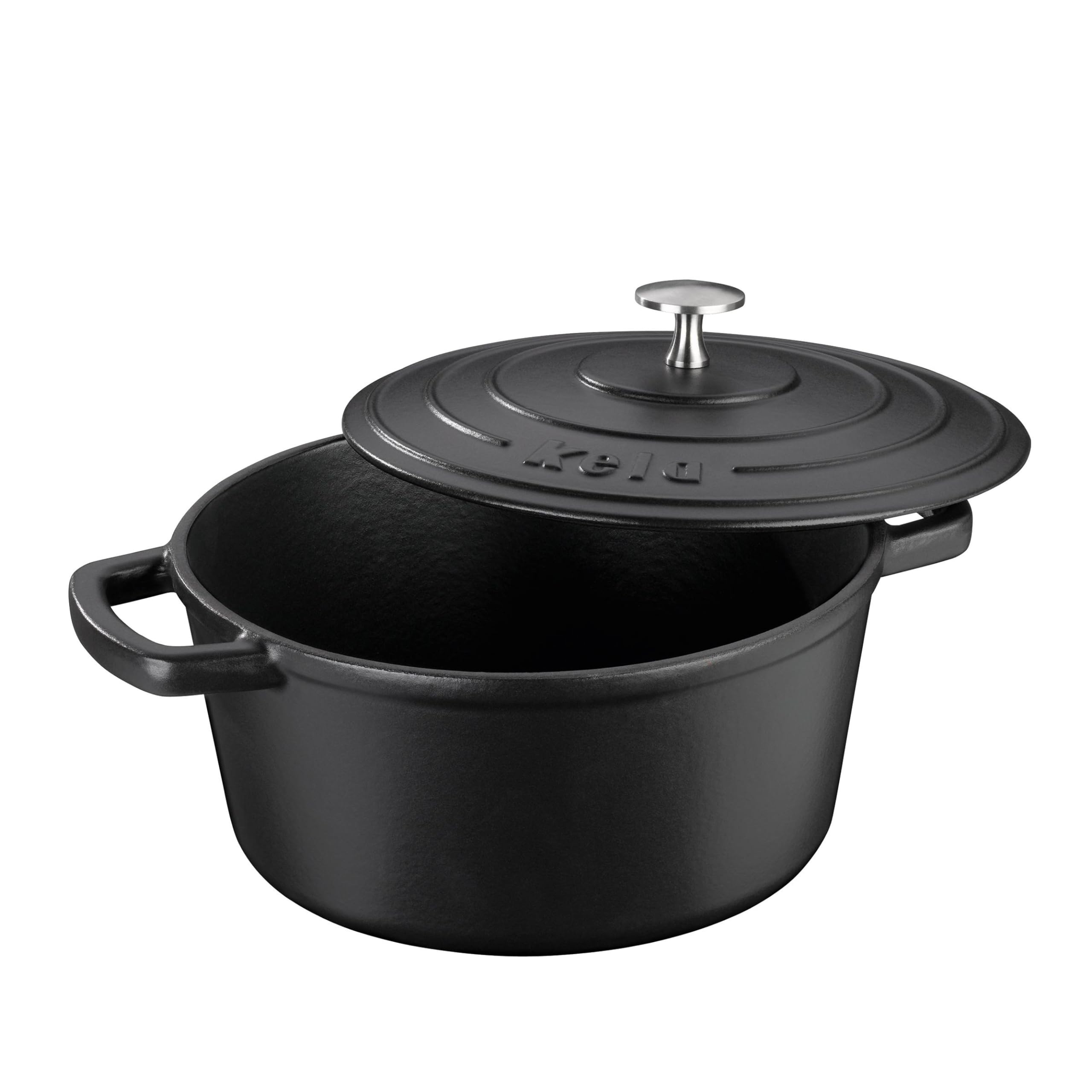 kela Bräter Gusseisen rund 3,8 Liter, Dutch Oven CALIDO, Induktion Gussbräter mit Deckel, Gusseisen Topf Brot backen, emailliert, schwarz