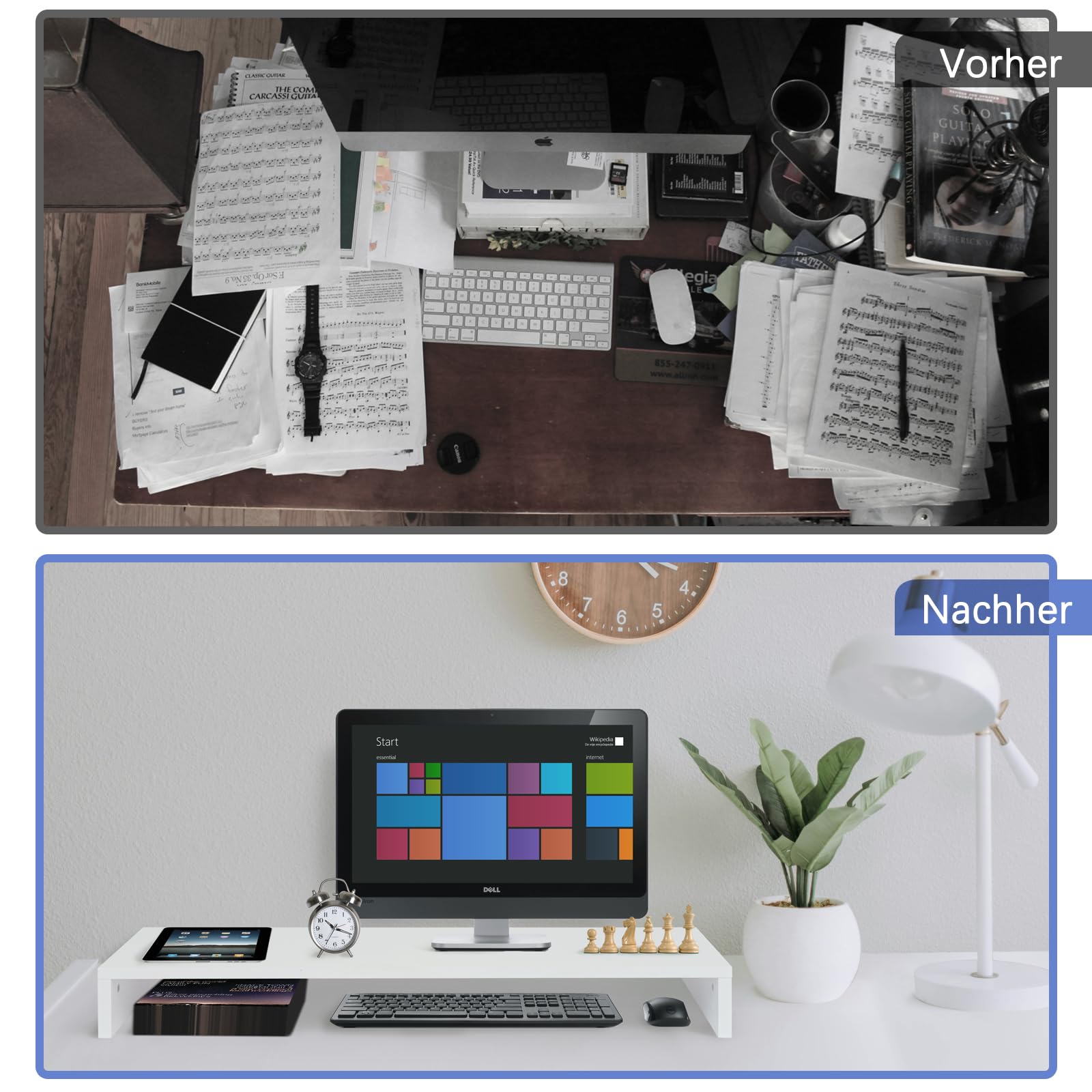Monitorständer Holz, ergonomische Monitorerhöhung für Schreibtisch, passend für PC, Laptop und TV,Schreibtischaufsatz Bildschirmerhöhung, 85x35x12cm, Weiß