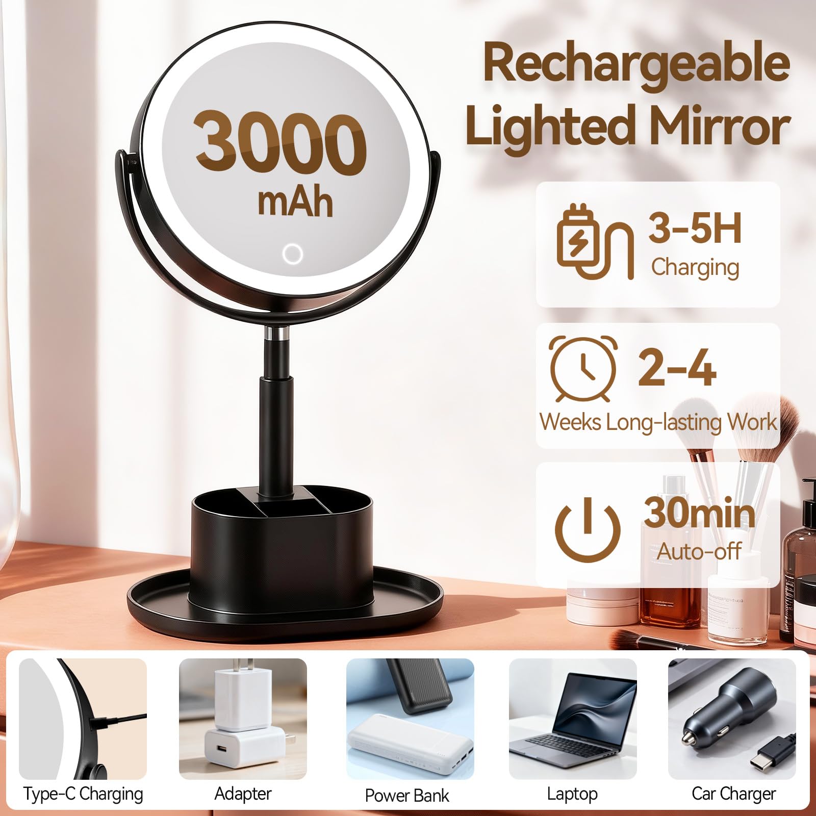 Shinowa 20X Ingranditore Trucco Specchio con Luce a LED | Altezza Regolabile, 3 Colori di Luce, Rotazione 360°, Ricaricabile USB, Funzione Memoria, Nero