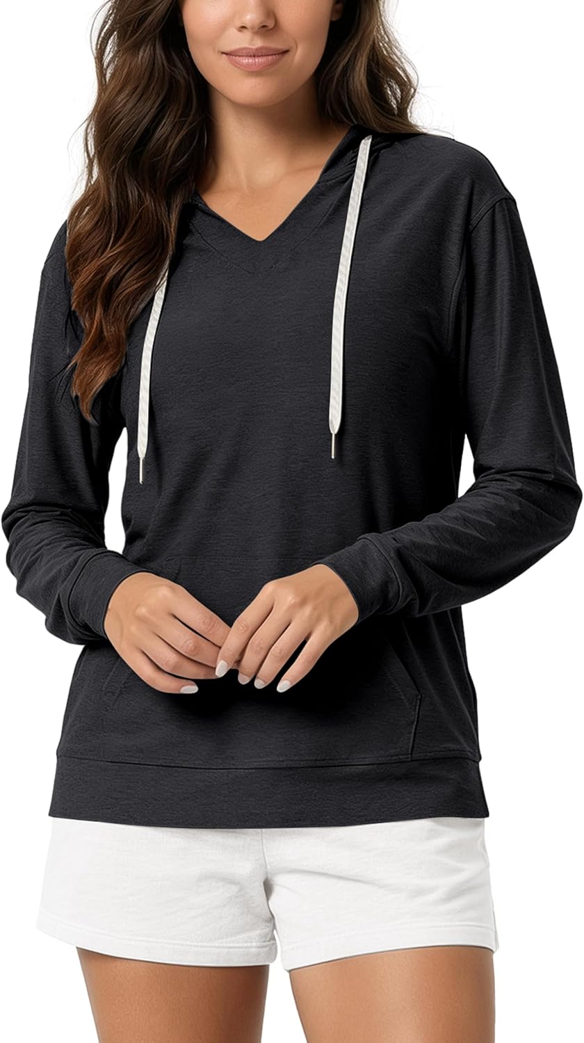 ODODOS Women's V-Neck Oversized Hoodie - Ultra Soft odSTRATUM Tech Pullover, Side Slit Long Sleeve Tops with Kangaroo Pocket