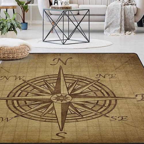 Naanle Alfombra vintage con brújula rosa de 5 x 7 pies, diseño de brújula, moderna, de poliéster, para sala, comedor, dormitorio, decoración del
