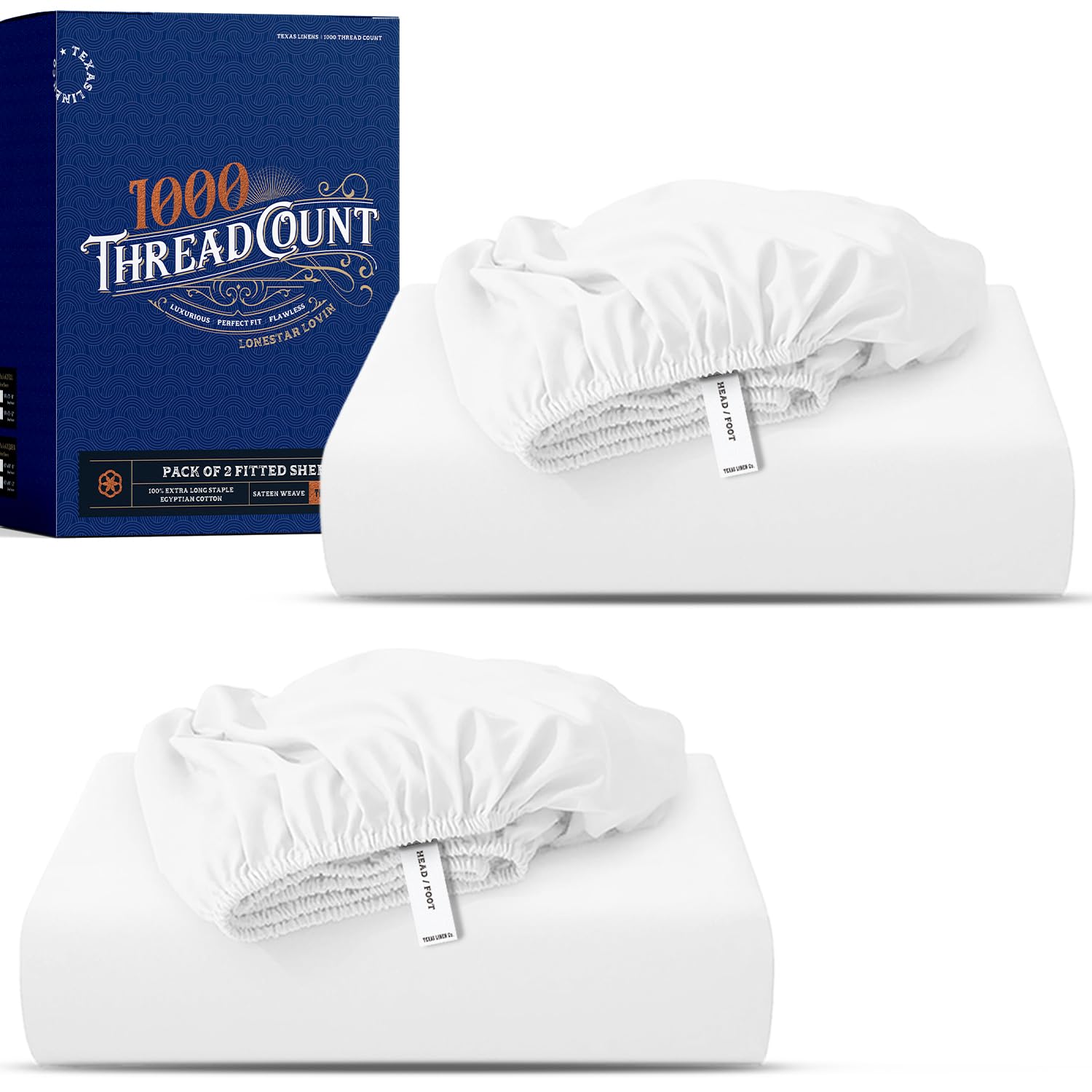 TEXAS LINEN CO. 100% Egyptian Cotton Queen Fitted Sheet Pack of 2 - Luxury High Thread Count Deep Pocket Queen Size Fitted Sheet Only (White), Soft,