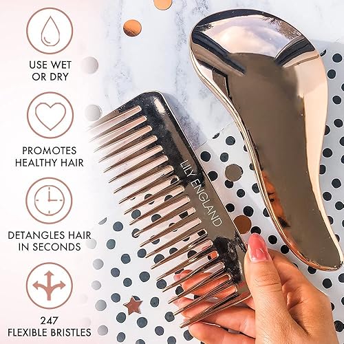 Miniatura 6 de Juego de cepillo y peine desenredante de oro rosa con cepillo desenredante rizado, elegante combinación de cuidado del cabello, desenredante suave,