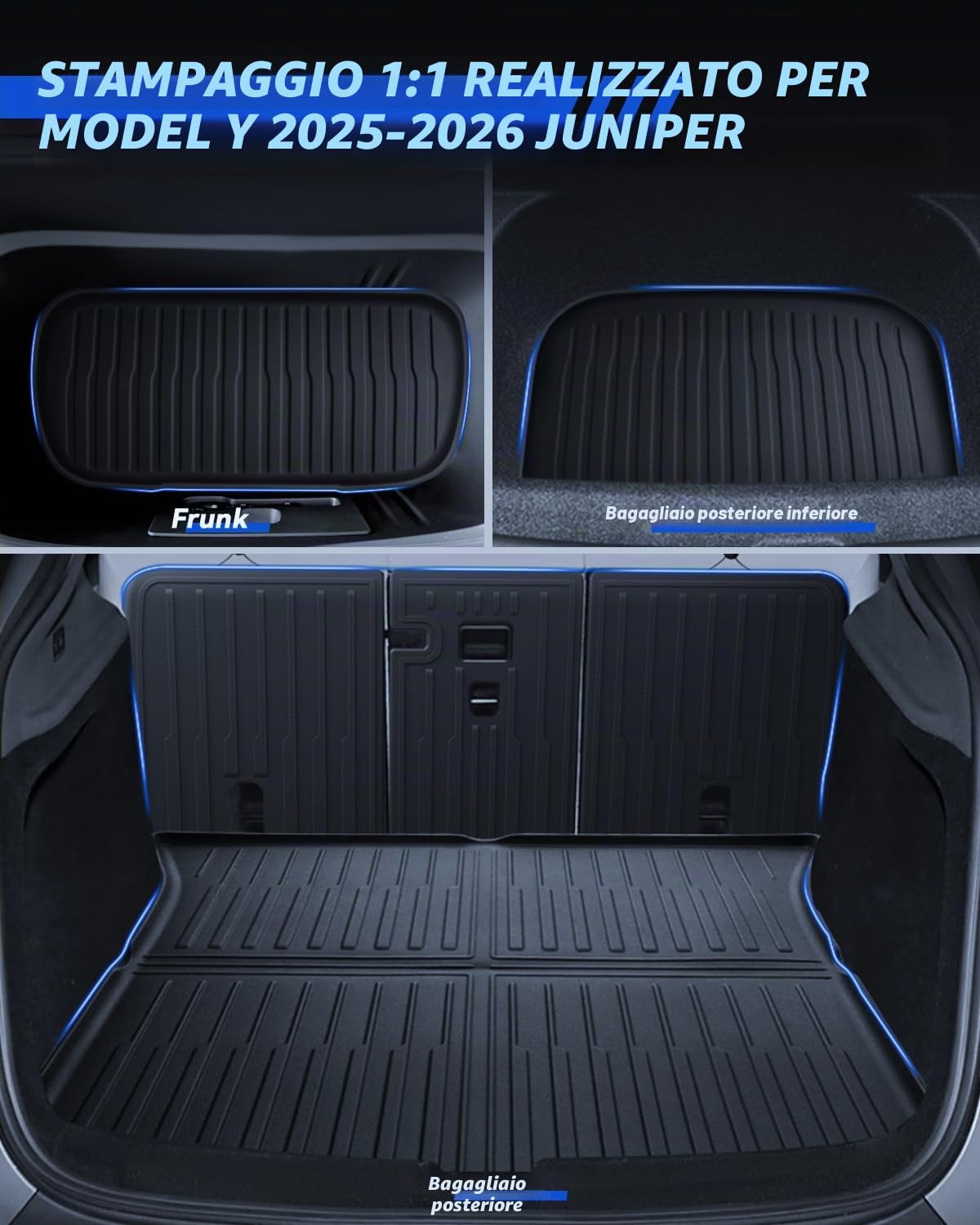 Tappetini 9 Pezzi per Tesla Model Y 2025-2026 Premium/Performance TPE per Tutte le Stagioni 3D con Alto Bordo Antiscivolo Impermeabile Tappetino per Bagagliaio e Poggiatesta