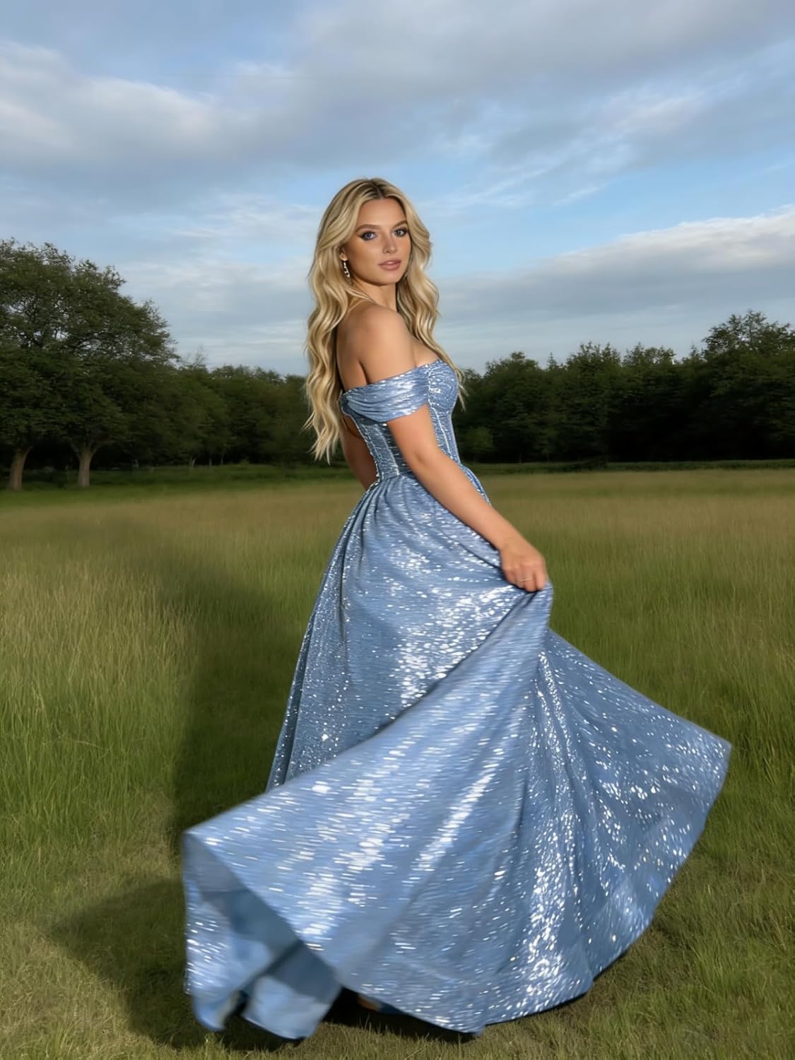 Sparkly Off Shoulder Tulle Prom Dresses for Women 2026 Cowl Neck Long Ball Gown Formal Dress
