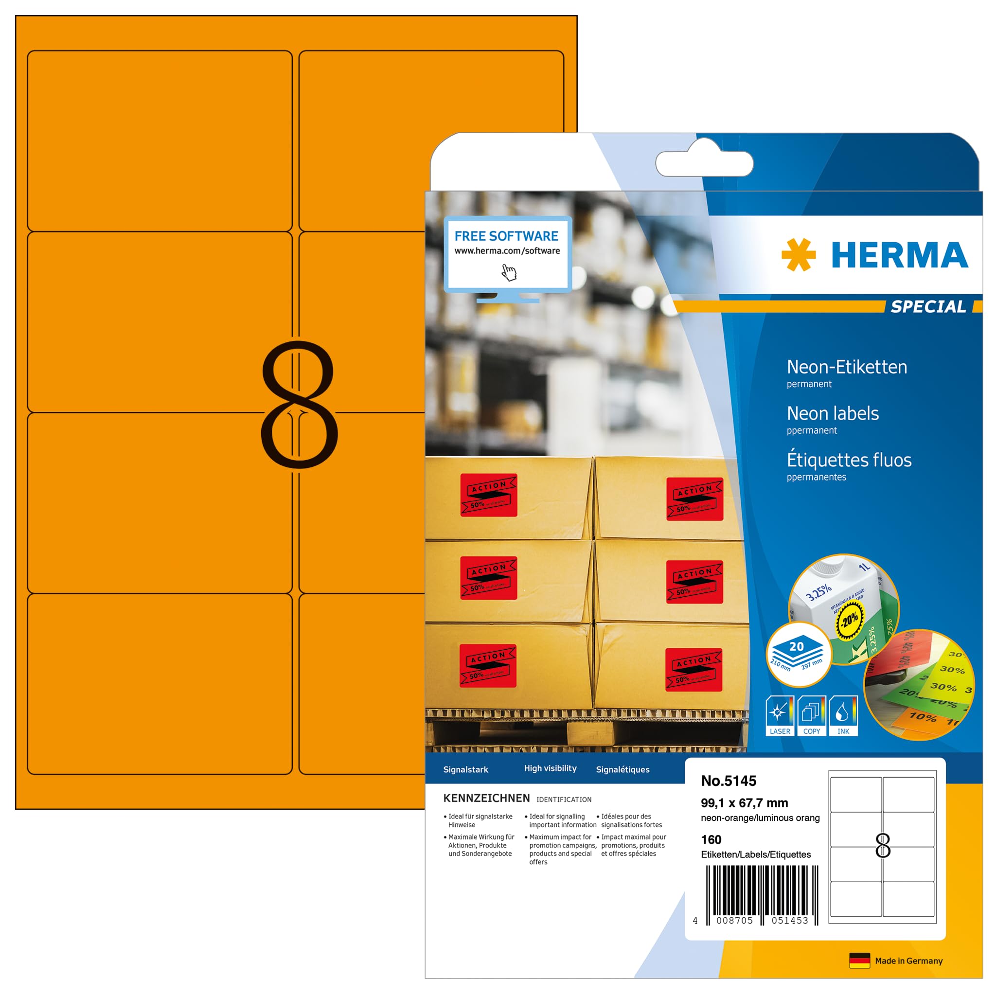 HERMA Self Adhesive Coloured Labels, 8 Labels per A4 Sheet, 20 Sheets, 99.1 x 67.7 mm, 160 Labels, Blank Colour Labels Stickers, Sticky Labels for Laser & Inkjet Printer, Neon Orange