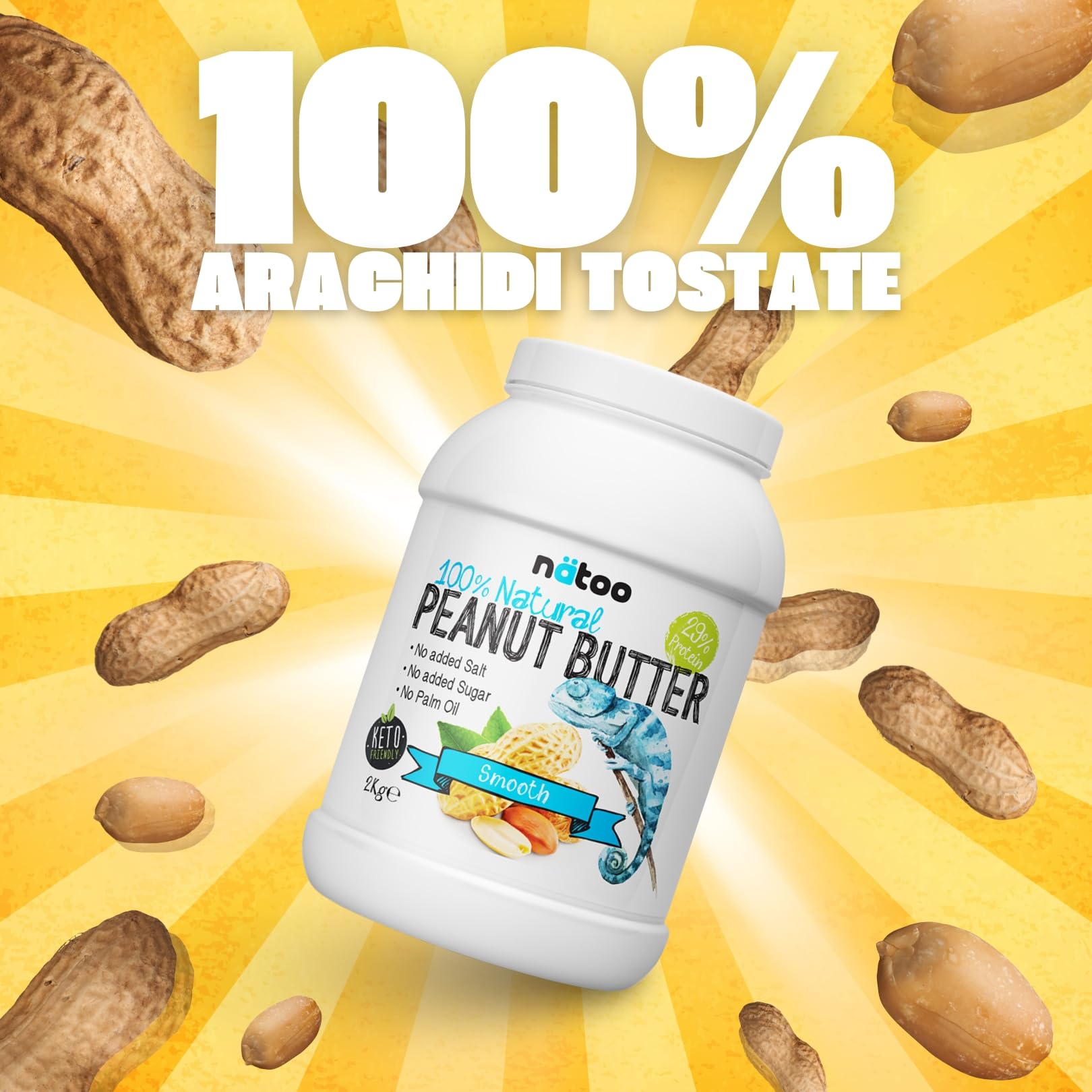 NÄTOO Burro di arachidi senza zuccheri - Peanut Butter - 100% arachidi tostate di alta qualità - 100% naturale Adatto ai Vegani, senza olio di palma e conservanti (2 kg (Confezione da 1), Smooth)
