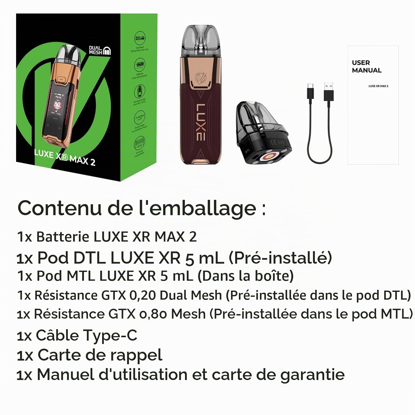 For Vaporesso LUXE XR MAX 2 Kit 80 W (Cuir noir foncé) Batterie 3200 mAh 5 ml Cartouche vide Luxe Xr Pod MTL et DTL 0,2 Ω et 0,8 Ω GTX Coil | Verrouillage par bouton | Écran OLED 0,96'' -No Nicotine