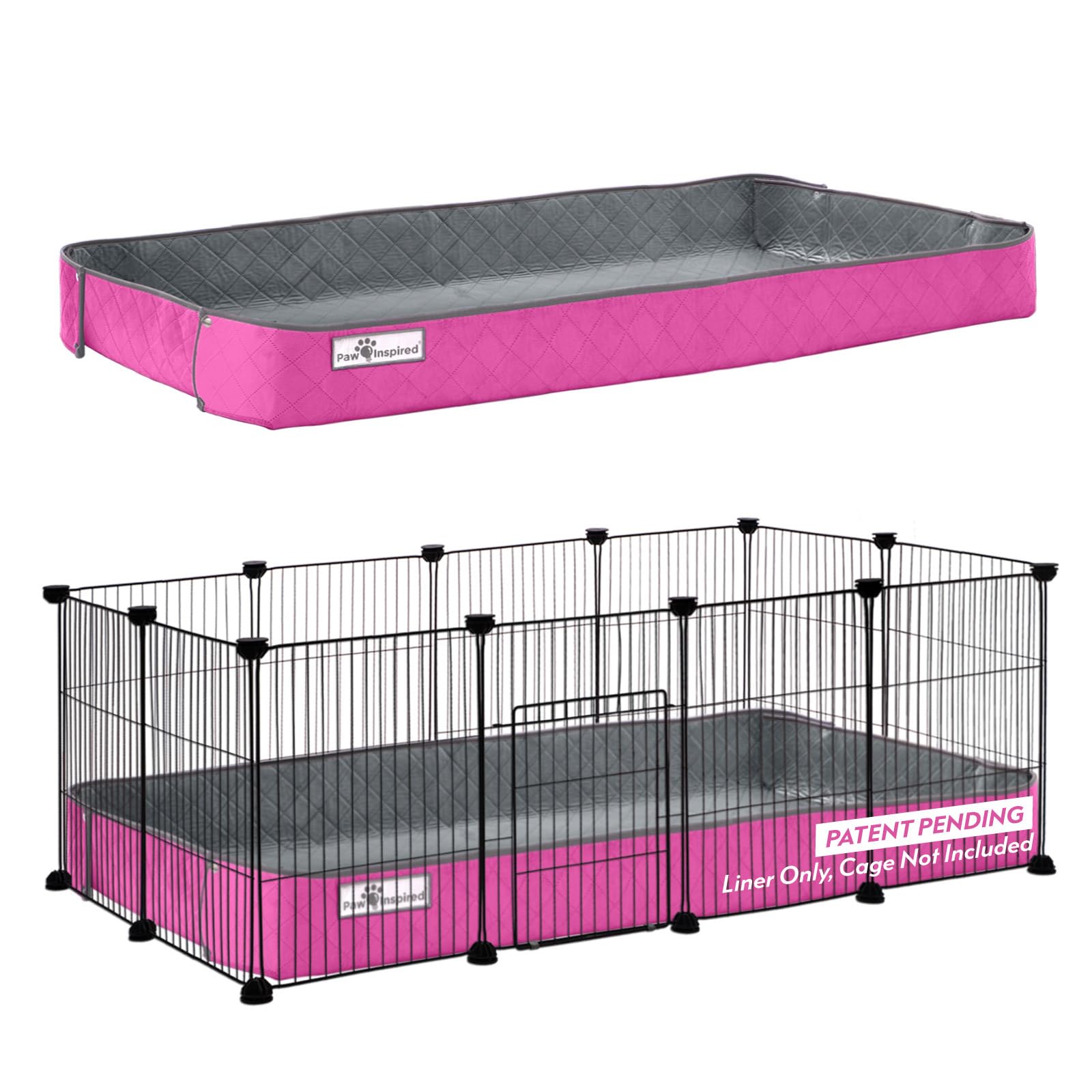 Paw Inspired Critter Box Washable Cage Liner, Reversible Fleece Bedding with Raised Sides for Guinea Pigs and Other Small Animals (2x4 (12" Grids), Gray/Pink)