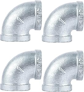 PIPE DÉCOR 1 in. Authentic Galvanized Malleable Iron 90 Degree FPT X FPT Elbow, 4 Pack, for DIY Pipe Furniture Building and Regular Plumbing Applications