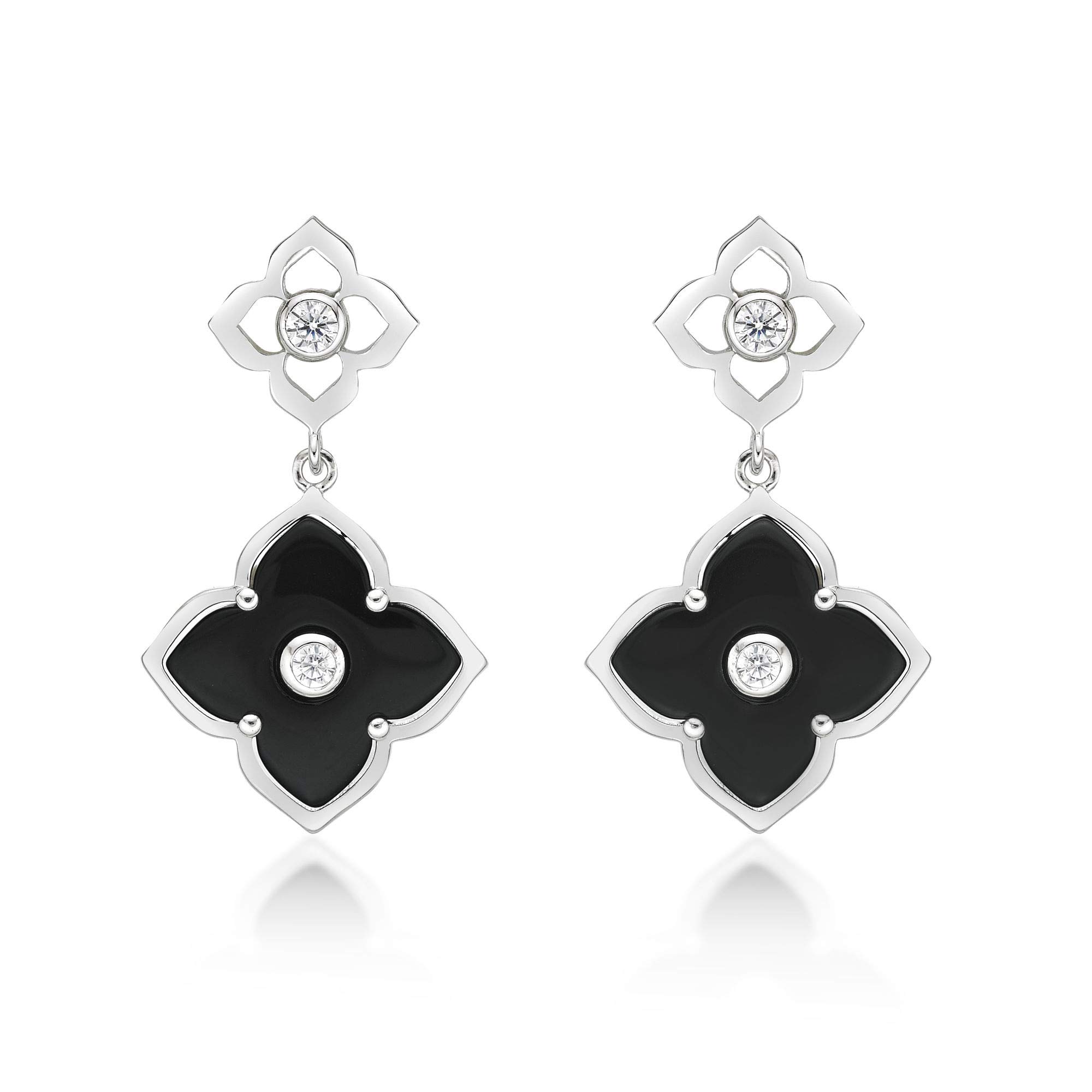 Black Onyx, Green Malachite or Mother of Pearl Flower Dangling Drop Earrings for Women in 925 Sterling Silver with Rose Gold Plating Post Back by Lavari Jewelers