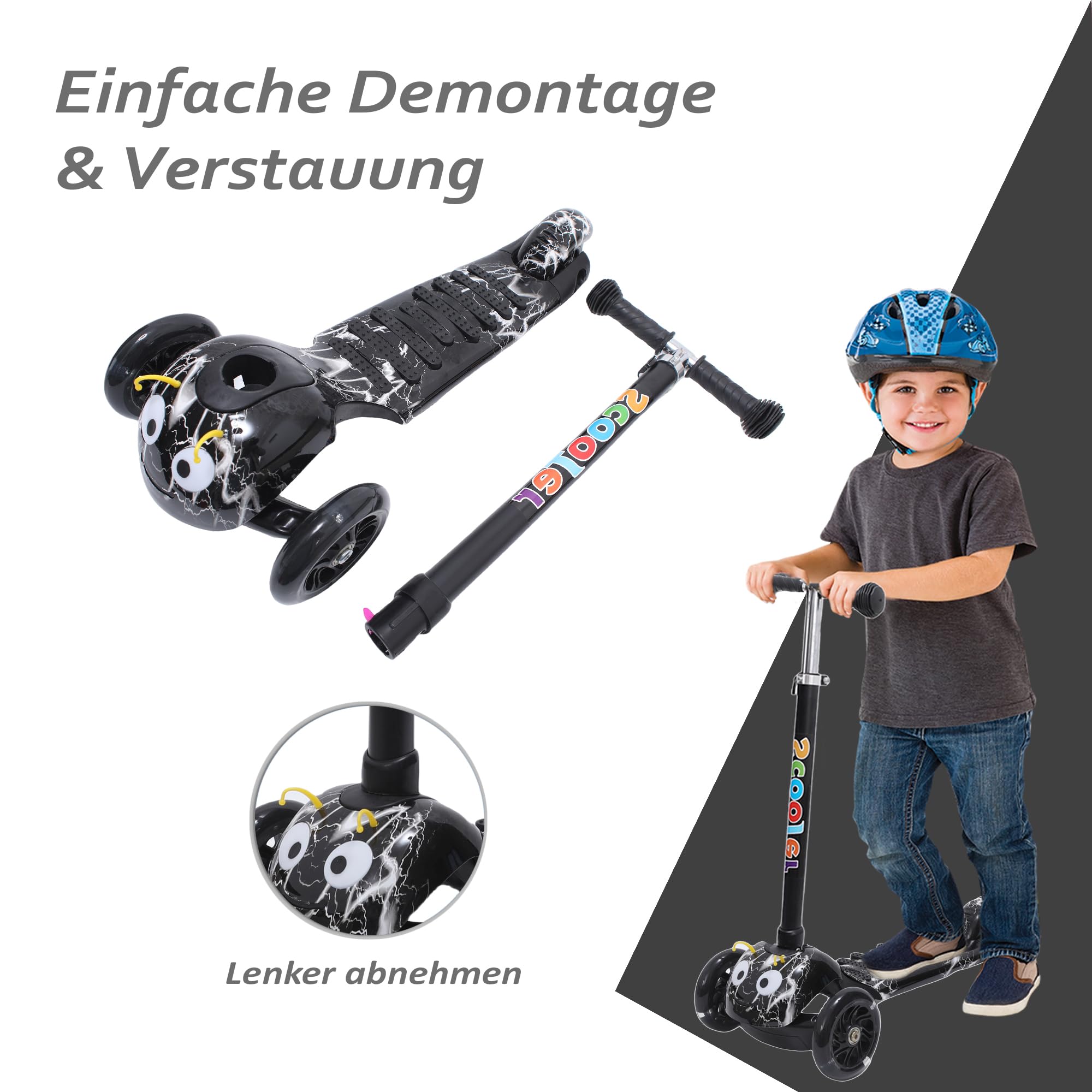 Habib Gruppe Trottinette 3 en 1 pour enfant avec siège - Pliable - Hauteur réglable - Roues LED - Pour enfants à partir de 3 ans (jusqu'à 50 kg) - Bleu