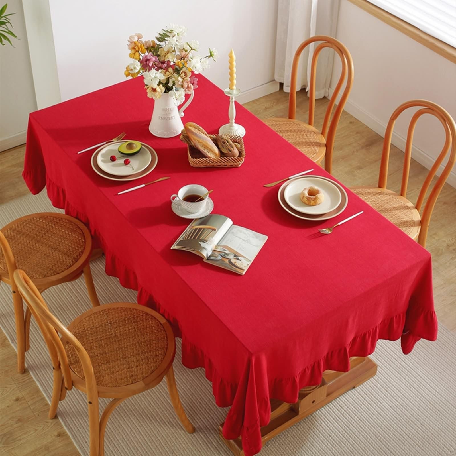 Tablecloth czerwony, bawełniany i lniany obrus outdoorowy jednokolorowy z falbankami obrus kwadratowy 120 x 120 cm