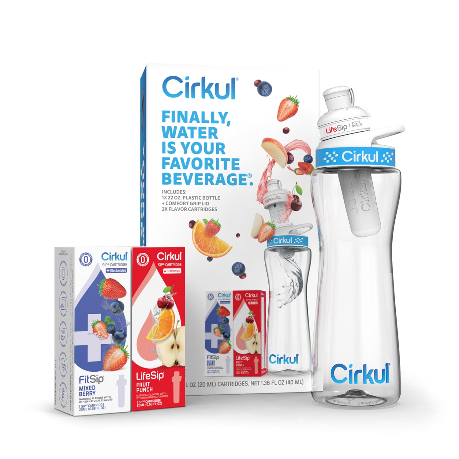 Cirkul Starter Kit with 22 oz Plastic Water Bottle, Blue Lid, and 2