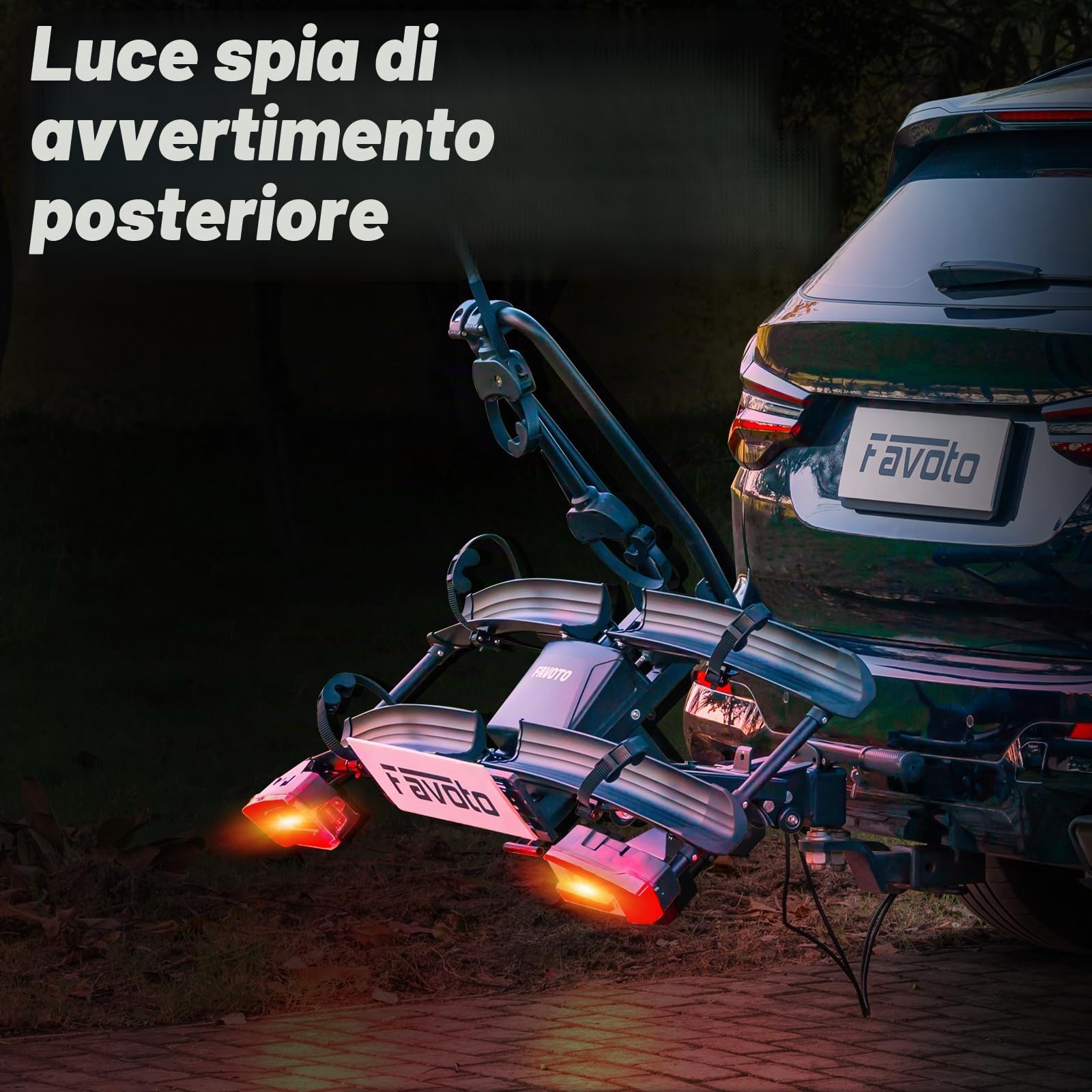 Favoto Portabici per E-Bike con Rampa Pieghevole – Gancio Traino in Alluminio per 2 Bici fino a 60kg con Fanali Posteriori Serratura Antifurto e Porta Targa Compatibile con Pneumatici fino a 26x4.0"