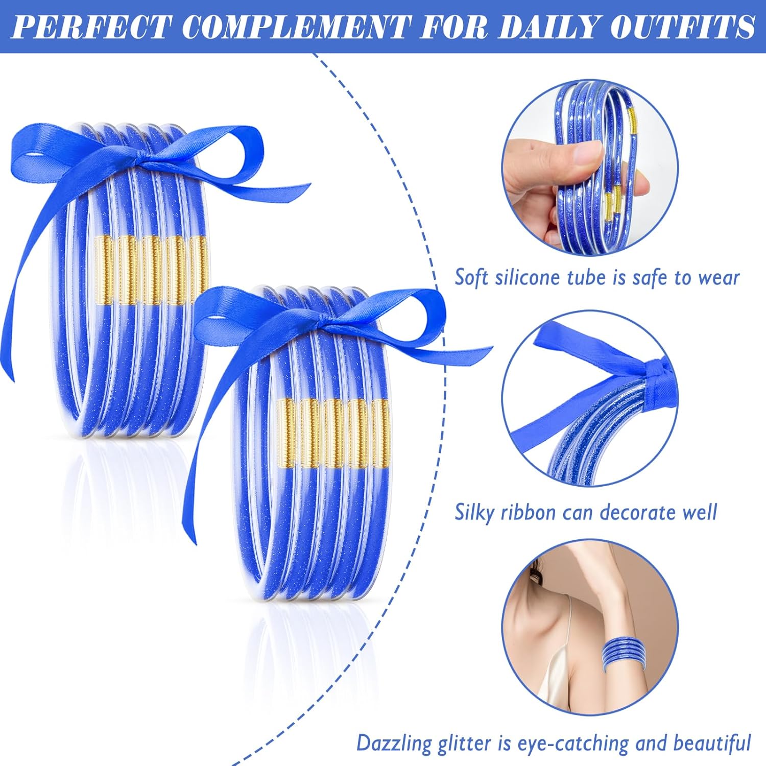 Glitter Jelly Bracelets, Soft Silicone Glitter Filled Jelly Bangles Bracelets Women- Sparkling Fashion Bangles for Women - Image 3