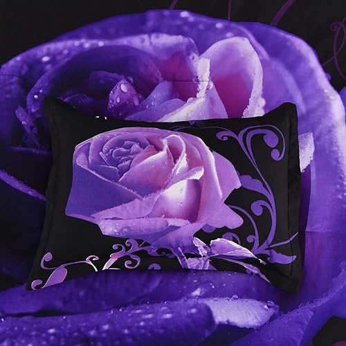 Miniatura 8 de Xruibed Juego de edredón floral tamaño King de 7 piezas en una bolsa, edredón de flores de rosas moradas con juego de sábanas de microfibra suave (1