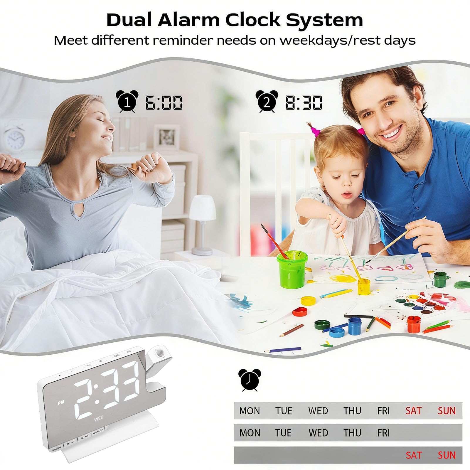 Cocoarm Projektionswecker mit Großem LED-Display, Digitaluhr mit Projektor, 180 Grad Drehbare Projektion, 6 Helligkeitsstufen, Dual-Alarm, USB-Aufladung, für Schlafzimmer, Schreibtisch (White)