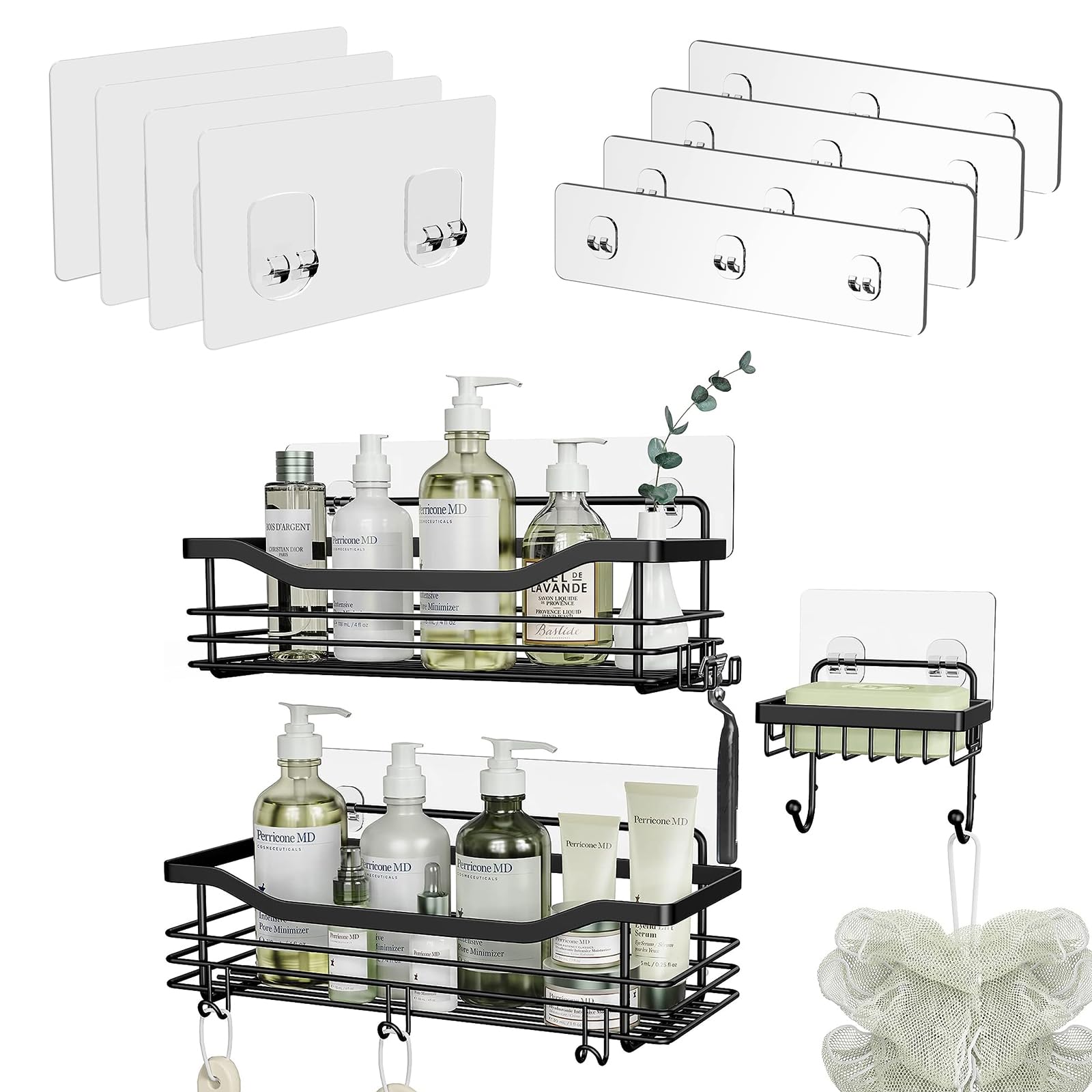 Orimade Black Shower Caddy with Soap Dish Bundle with 3-Hook Adhesive Strip And 2-Hook Adhesive Pad