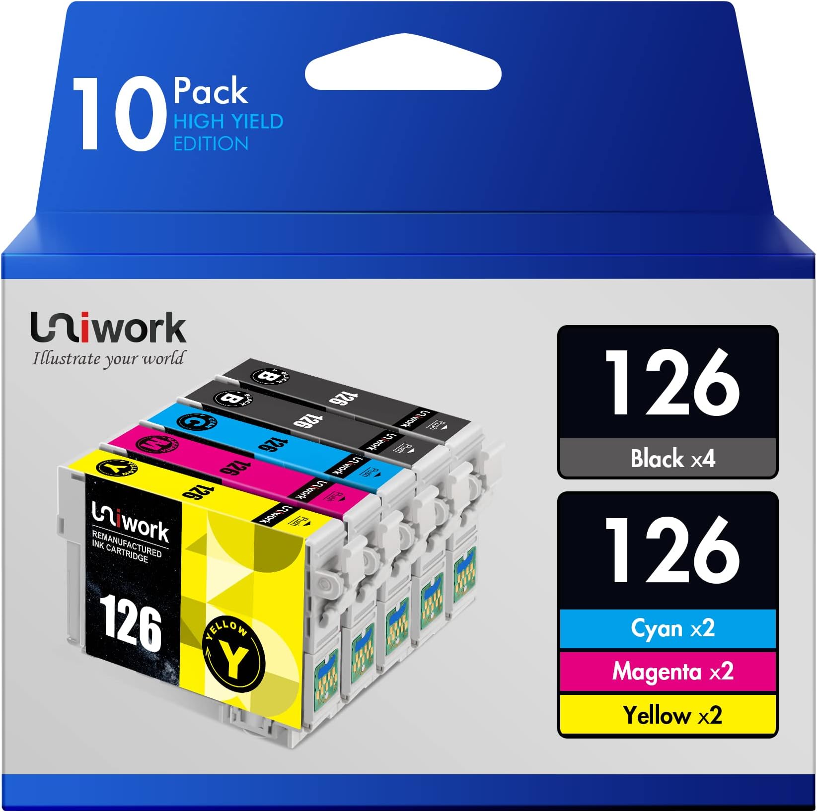 Uniwork Remanufactured Ink Cartridge Replacement for Epson 126 T126 for Workforce 545 845 645 635 520 WF-3540 WF-3520 WF-3530 WF-7010 WF-7510 Printer, 10 Pack, 4 Black, 2 Cyan, 2 Magenta, 2 Yellow