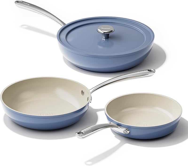 Redchef Sartenes de cerámica antiadherentes, sartén de cerámica profunda de 4 piezas con tapa, sartén de 8", 9,5" y 11" de profundidad, sartenes para huevos aptas para todas las estufas, sin PFAS, PTFE ni PFOA, aptas para lavavajillas y horno, azul