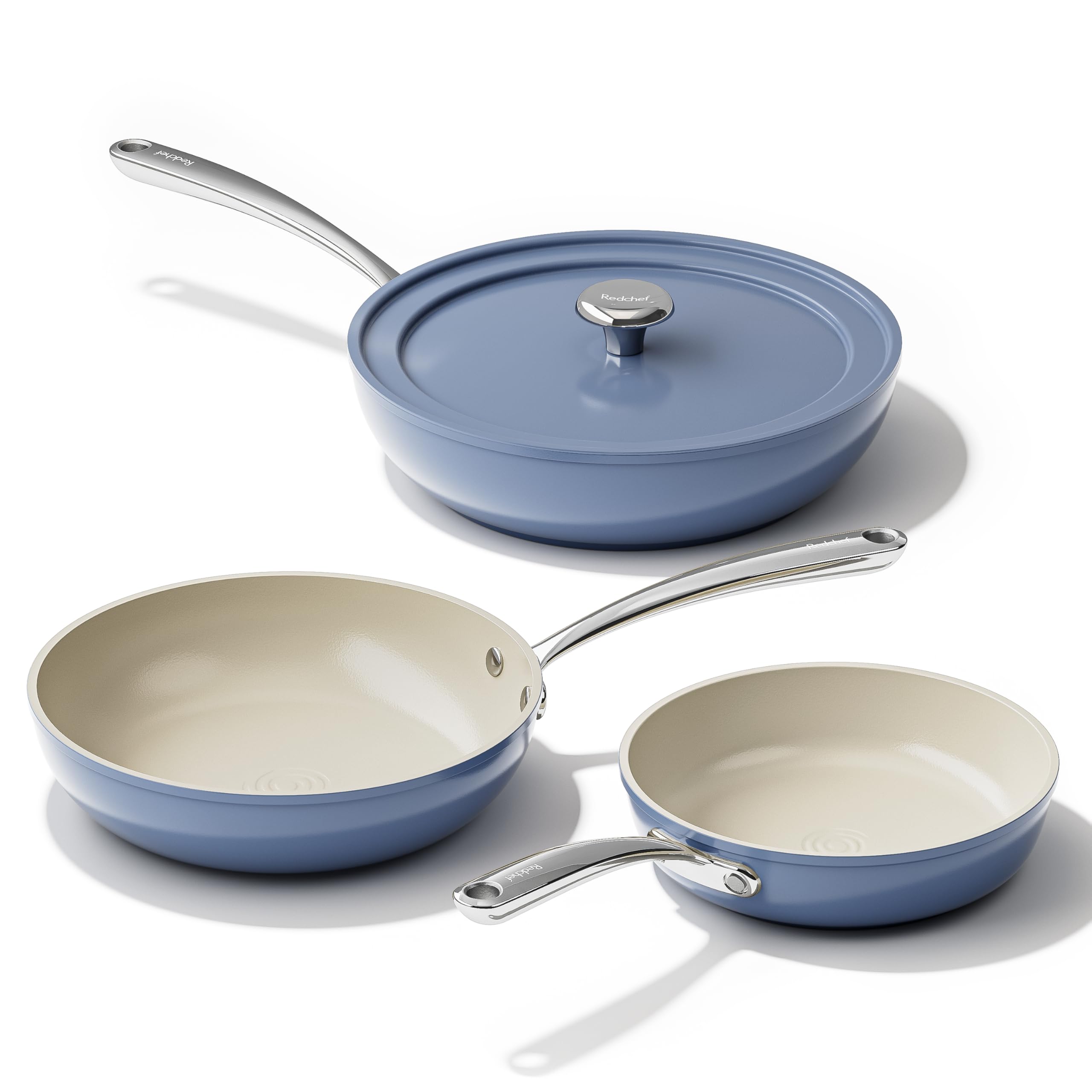 Photo 1 of ***MISSING LID*** Redchef Nonstick Ceramic Pans, 4-Piece Deep Ceramic Frying Pan with Lid, 8" 9.5" 11" Deep Frying Pan, Egg Frying Pans Suitable for All Stovetops, PFAS & PTFE & PFOA Free, Dishwasher & Oven Safe, Blue