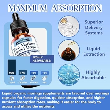 Pure Moringa Organic Oleifera Leaf Liquid Drops, 10:1 Extract Green Superfood Antioxidant Blend of Spirulina Wheat & Barley Grass, Better Absorption Than Moringa Capsules Powder Oil for Energy Immune