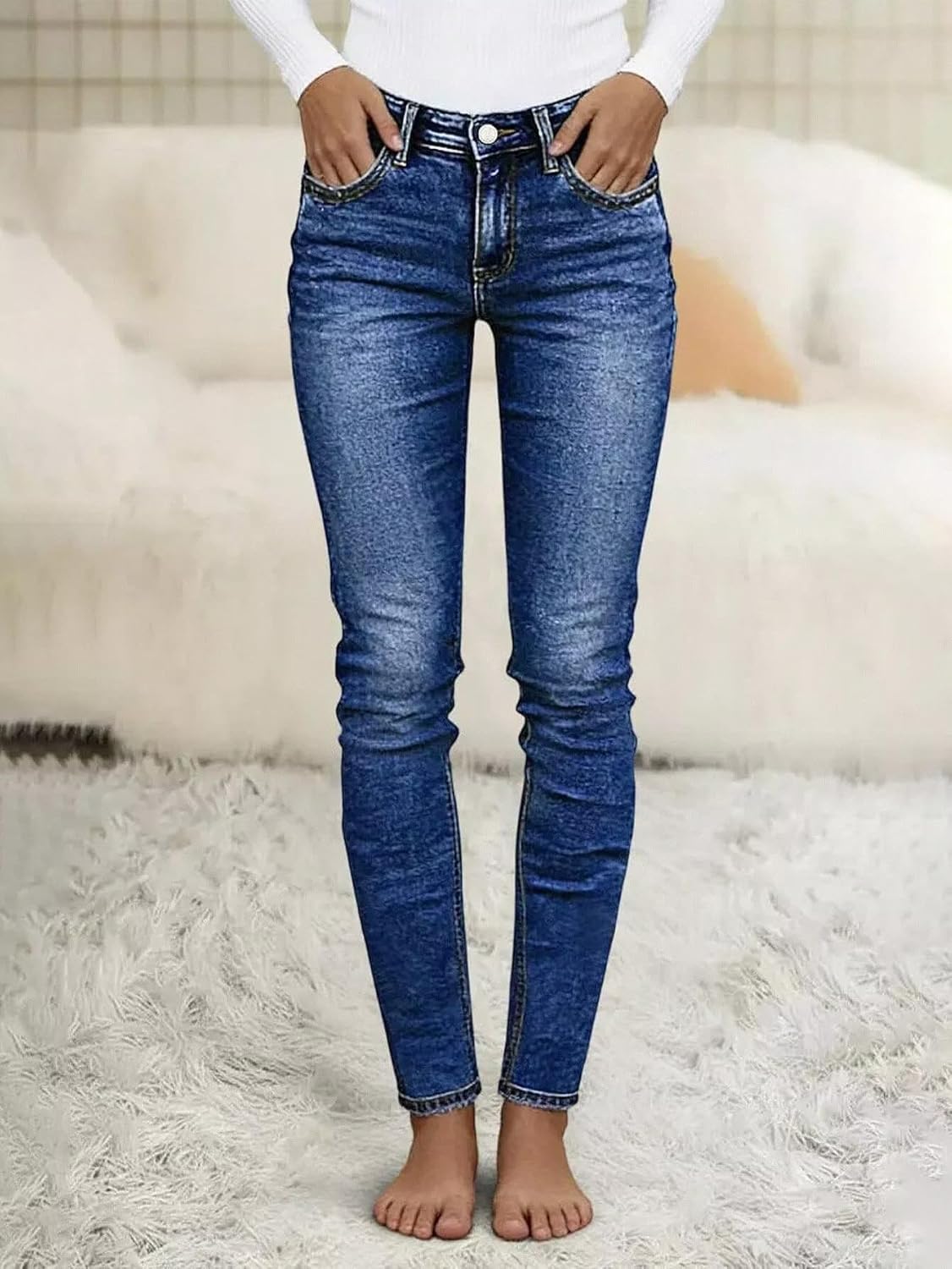 Flamingals Mid Waist Women's Skinny Jeans Butt Lifting Slim Fit Wash Stretchy Cropped Denim Pants with V Cut Pocket - Image 3
