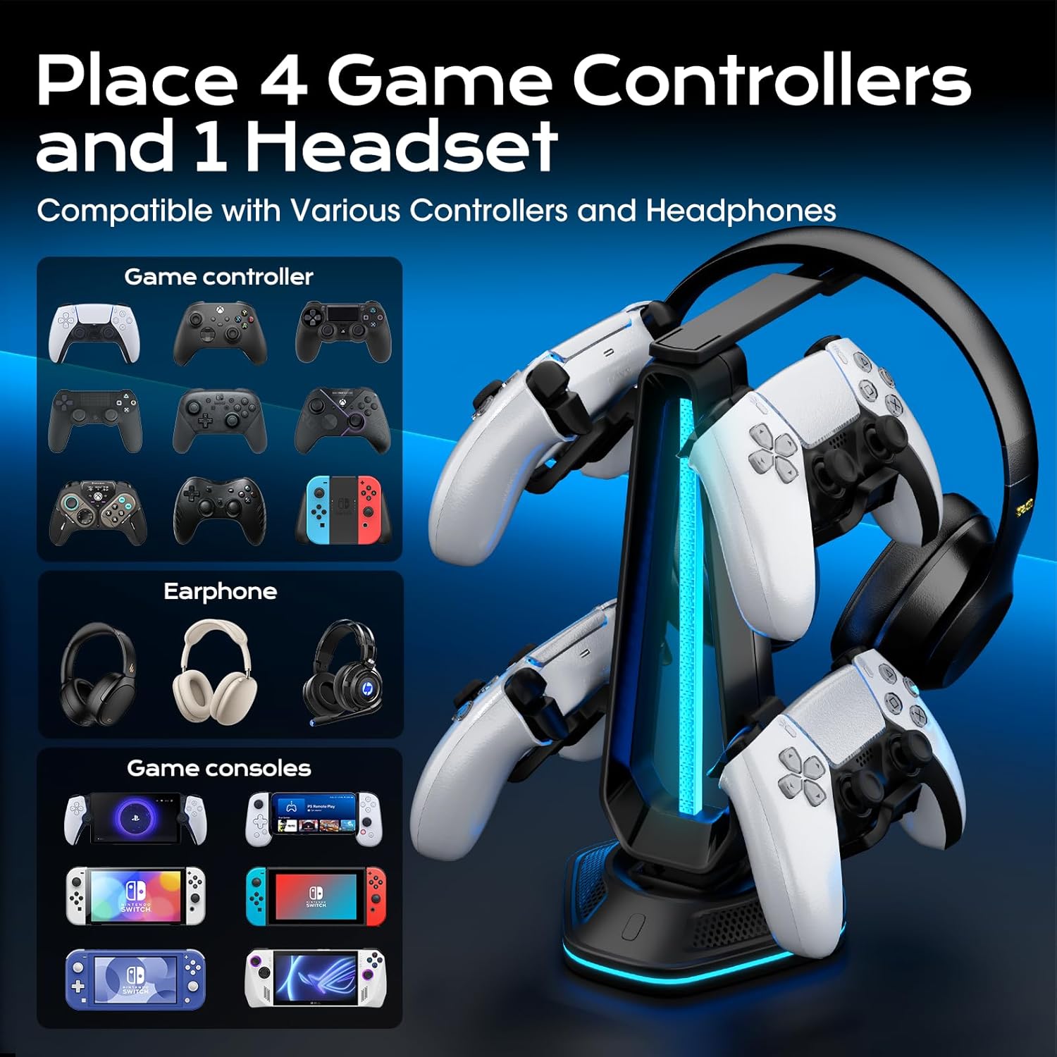 Saitake RGB Controller Holder with 9 Light Modes,Controller Stand with 2 USB Ports,Headset Stand for Desk-Headphone Holder Suitable for All Headphones and Controllers - Image 3