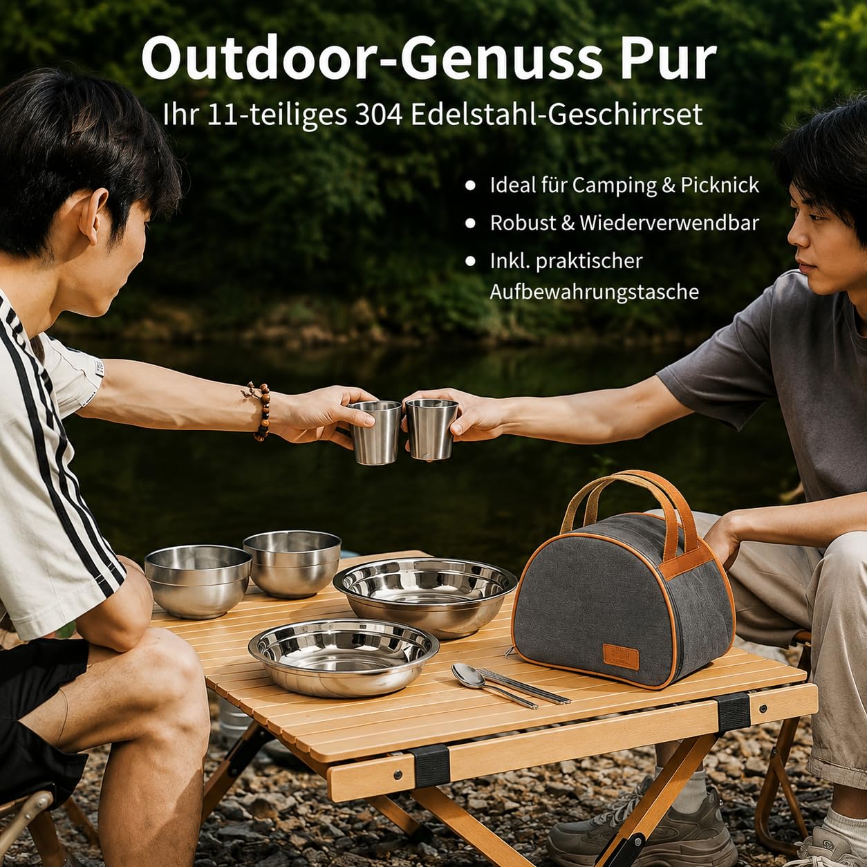 11-teiliges Camping Geschirr & Besteck Set Edelstahl – Outdoor Essgeschirr & Reisebesteck, stapelbar, 11-teiliges Set aus Edelstahl