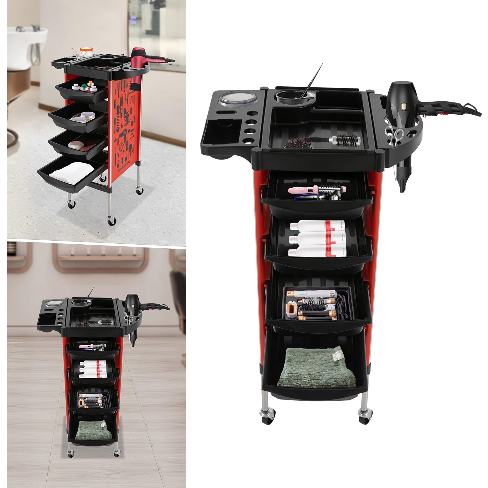 Carrello Parrucchiere Professionale 38 x 88 cm 5 Ripiani + 4 cassetti Ruote silenziose Rosso per Centri estetici e Parrucchieri