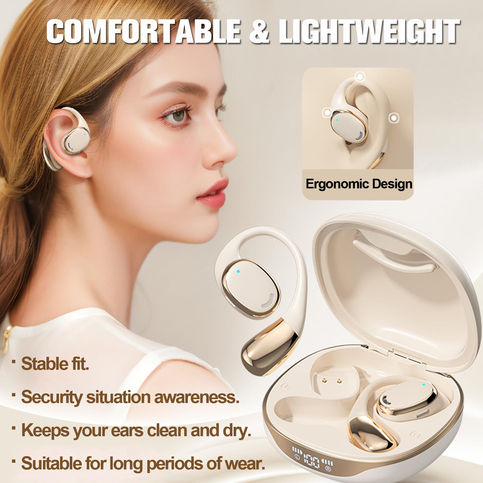 Open Ear Gym Running Headphones Wireless Over Ear Earbuds Bluetooth 5.4 with Ear Hooks Sports OWS Hanging Earphones Wireless Ear Hanging Bluetooth Headset TWS Air Bone Conduction Conducting Headphones - Image 3