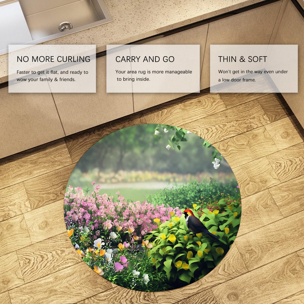 Wiosenny ogród różowy kwiatowy krzew zielony liść ptak koło dywaniki 200 cm sypialnia artystyczne zmywalne okrągłe dywaniki antypoślizgowe gumowe spód dywan narzuta mata podłogowa wejście
