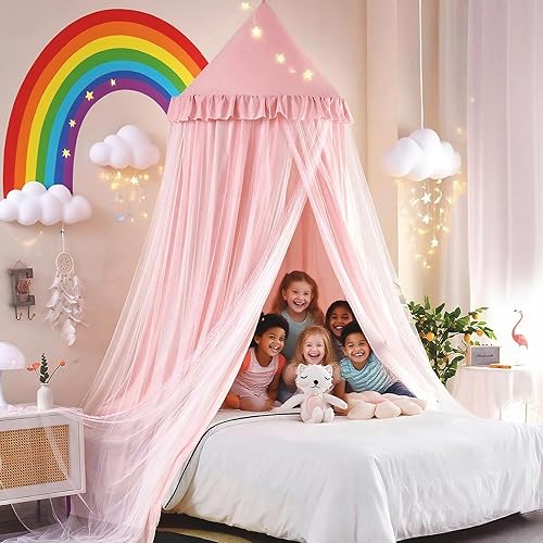 Kertnic Toldo de cama grande de 31.5 pulgadas para niñas, toldo de princesa con volantes de ensueño de doble capa, tienda de campaña colgante para