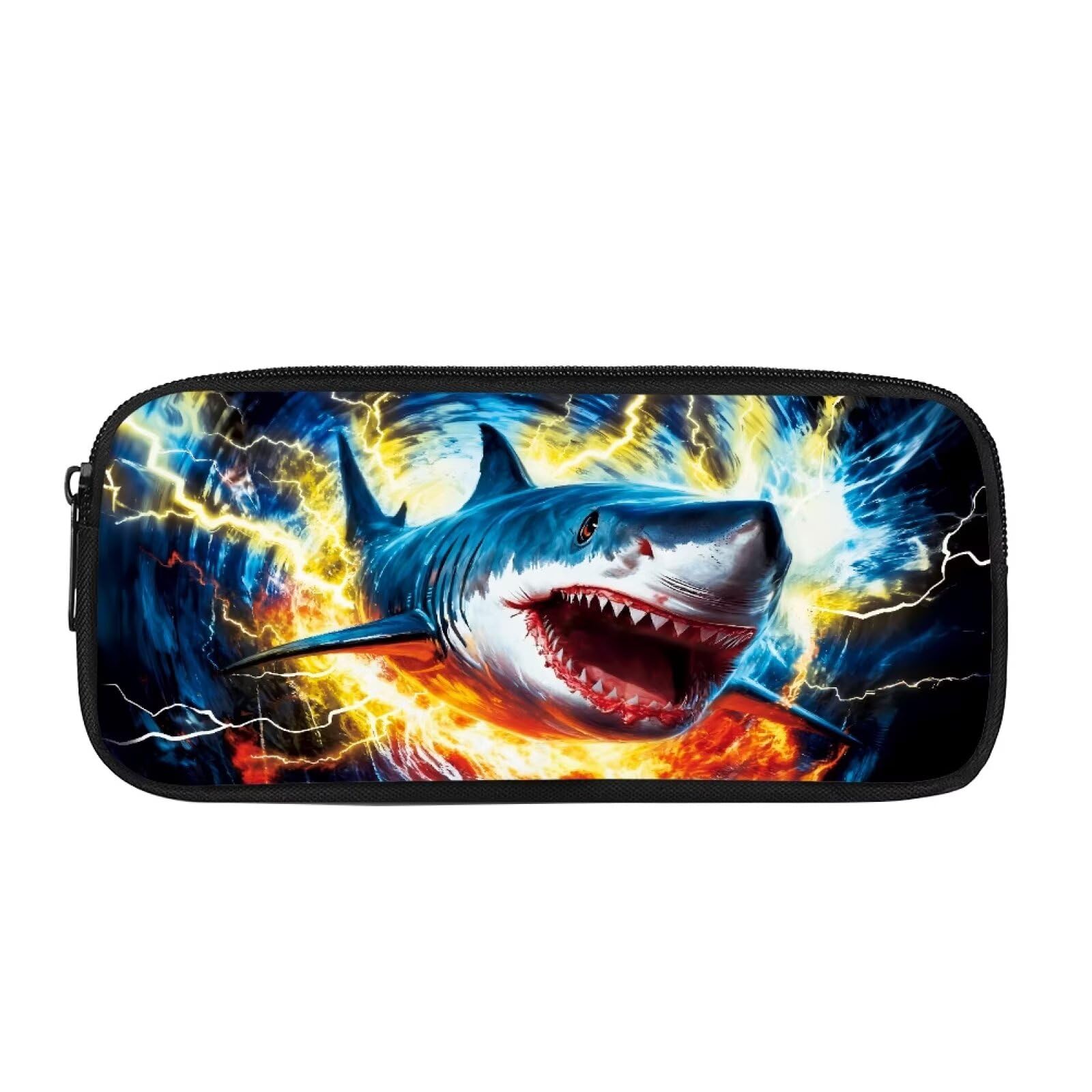 HUGS IDEA Lightning Shark Pencil Box Cool Pencil Pouch Spacious Zipper Stationery Holder Portable Pen Bag for Sporty Boys Teen Students Middle School Office Outdoor Storage