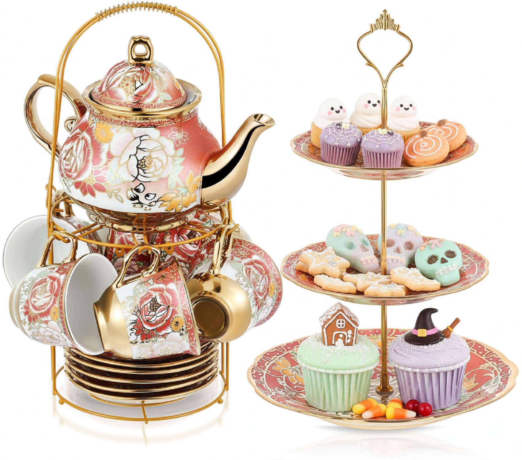 Maxcheck 21 Pcs Tea Party Set for Adults European Floral Tea Set with Metal Holder and 3 Tier Ceramic Cake Stand Porcelain Flower Cup Teapot for Dessert Cupcake Christmas Gift(Romantic Style)