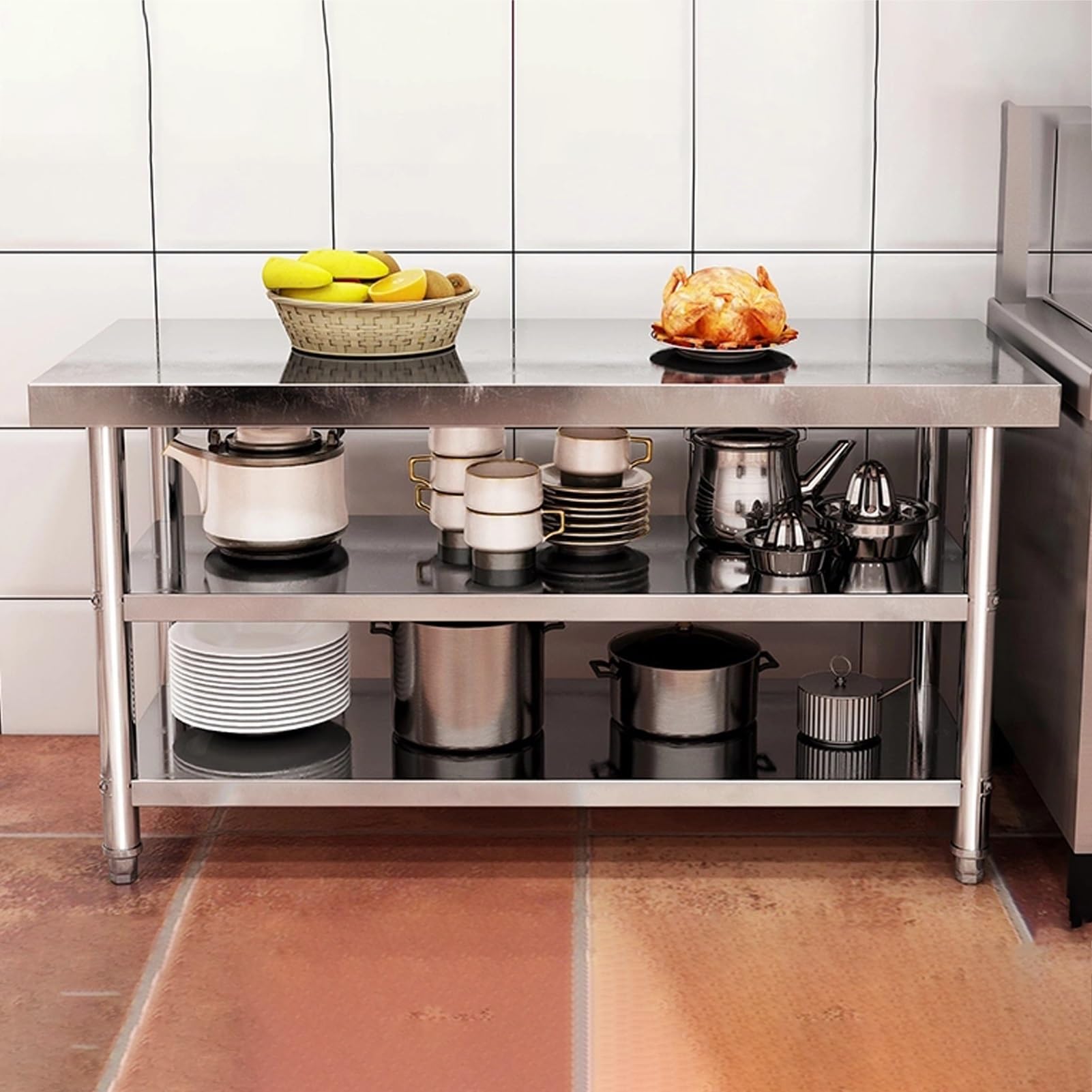 Tavolo da Lavoro in Acciaio Inox Resistente per Cucina, Piano di Lavoro per la PTI con Piedini Regolabili, Arredamento per cucine Professionali - Superficie di Cottura Durevole, 100x80x80 cm