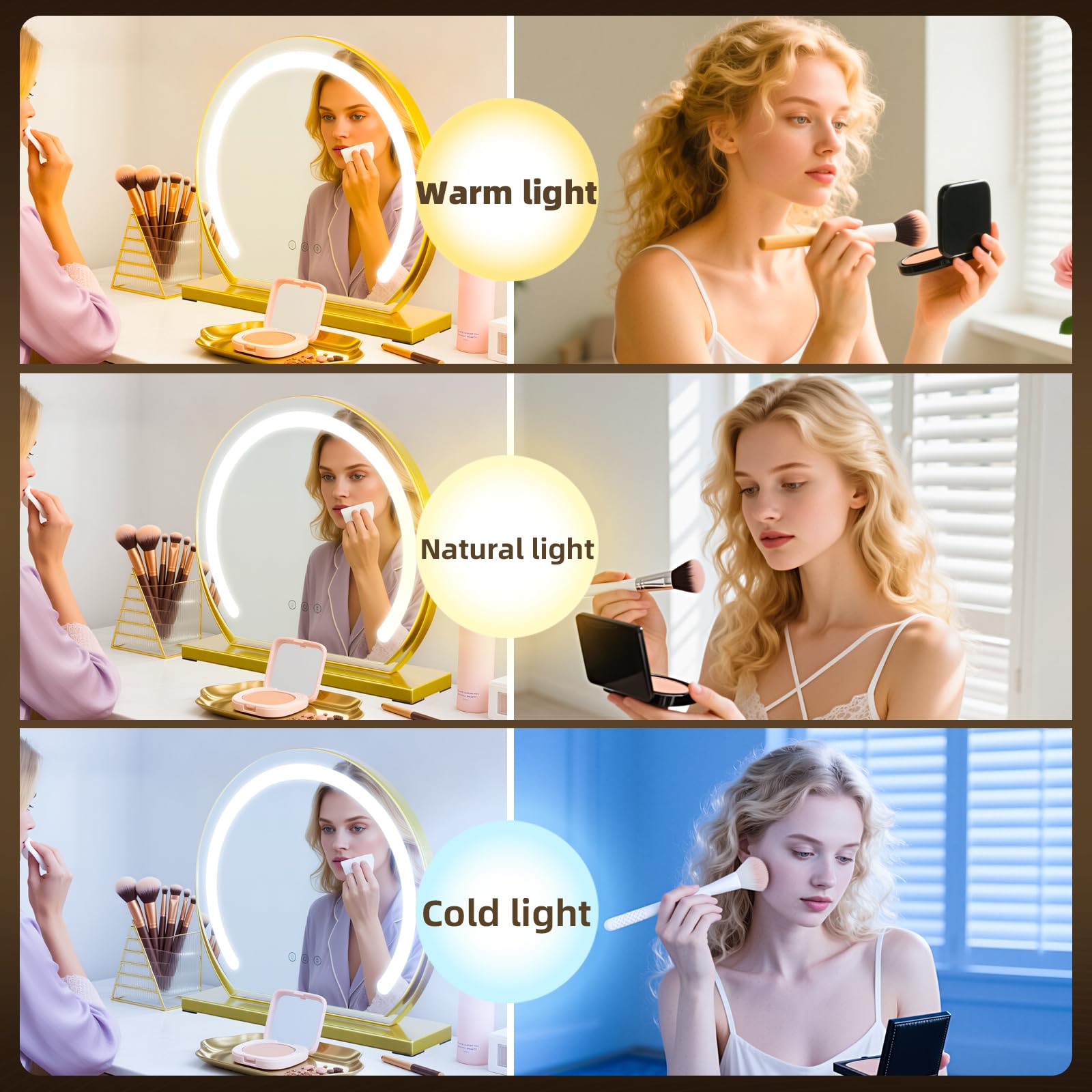 Tischspiegel Kosmetikspiegel mit Beleuchtung Schminkspiegel mit Licht 3 Farbtemperatur Verstellbares 360° Drehung 40x40cm 9W Touch Steuerung Plug-in Makeup Spiegel für Zuhause Gold