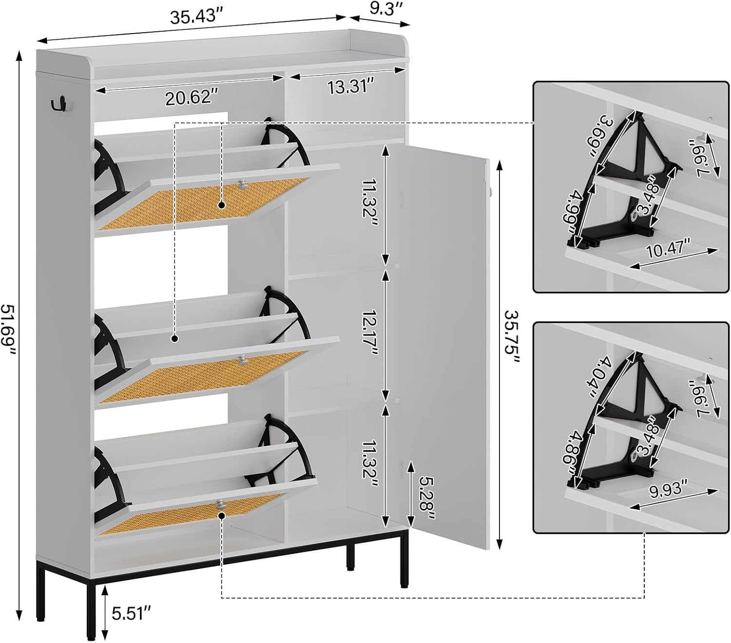 Detailed dimensions of the IDEALHOUSE Rattan Shoe Storage Cabinet, showing height, width, depth, and internal compartment measurements.