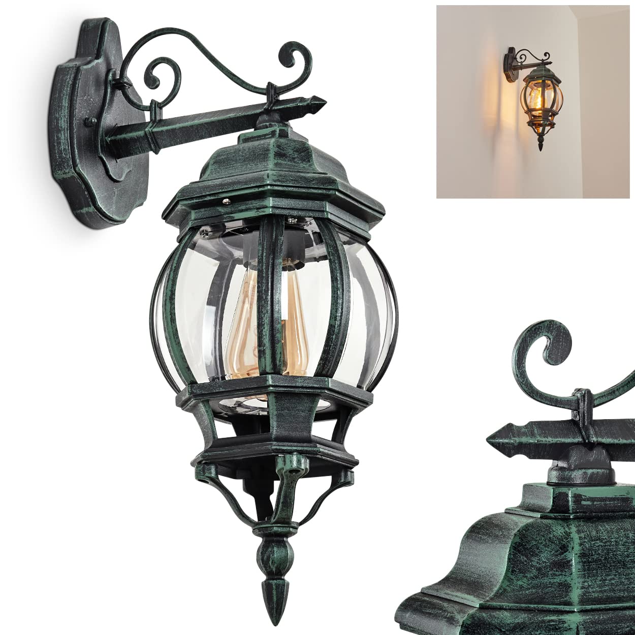 Hofstein Black Outdoor Wall Lamp Lentua, Wall Lamp Downwards In Antique Look Made Of Metal/Glass In /Green/Clear, Wall Light, E27, Retro/Vintage Outdoor Lamp For Terrace, Veranda And Yard, Ip44, Without Bulb