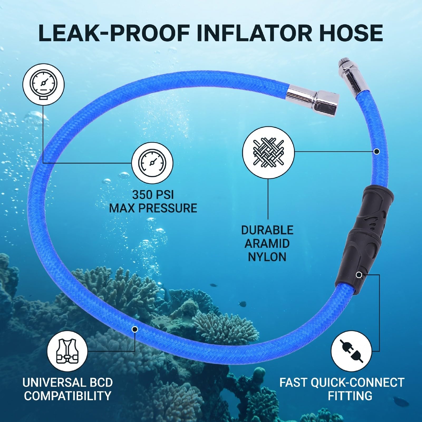 Tubo di Bassa Pressione per Immersione 350PSI, per BCD Standard | Tubo gonfiabile LP a prova di perdite, filo in aramide, connettore rapido, per erogatore per immersioni subacquee