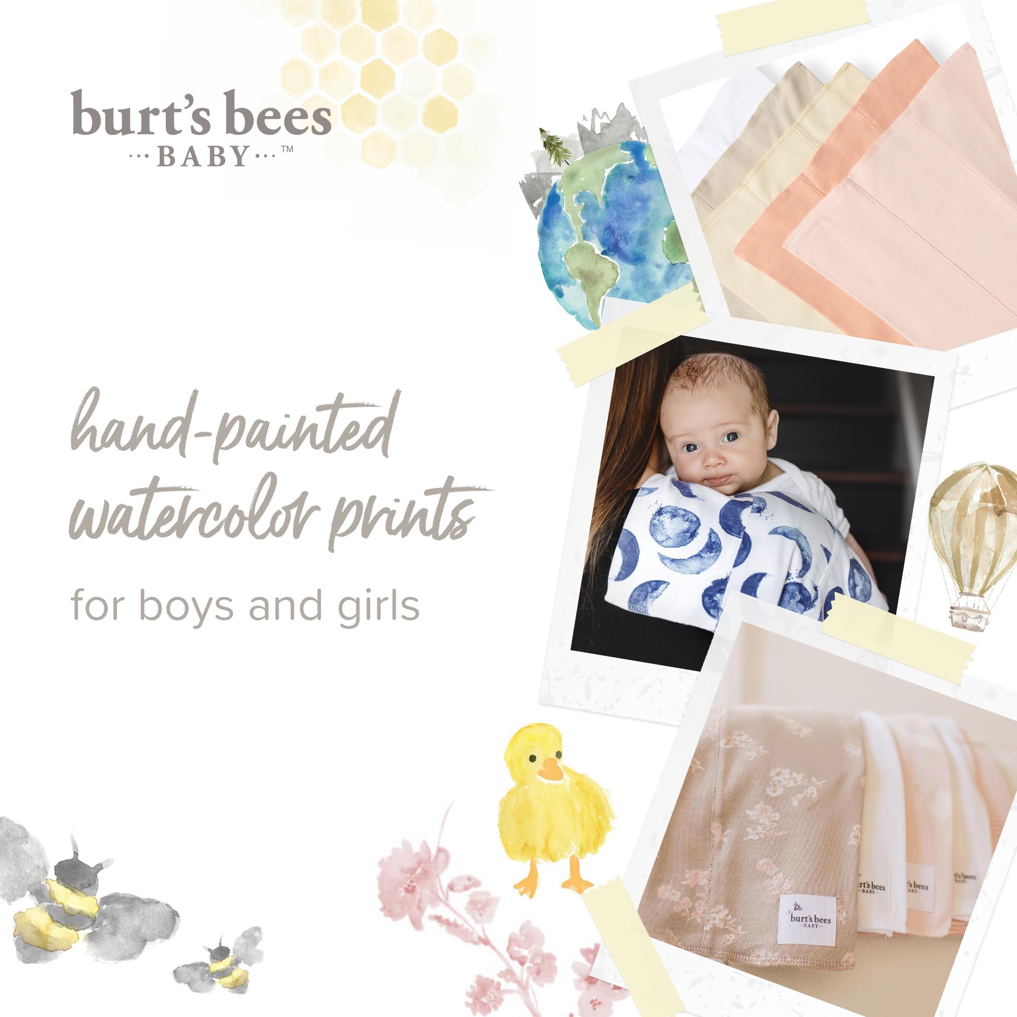 Burt's Bees Baby Lätzchen für Säuglinge, 100% Bio-Baumwolle, extra saugfähig und weich, unverzichtbar für Neugeborene, Einheitsgröße, 43,2 x 29 cm, 5 Stück