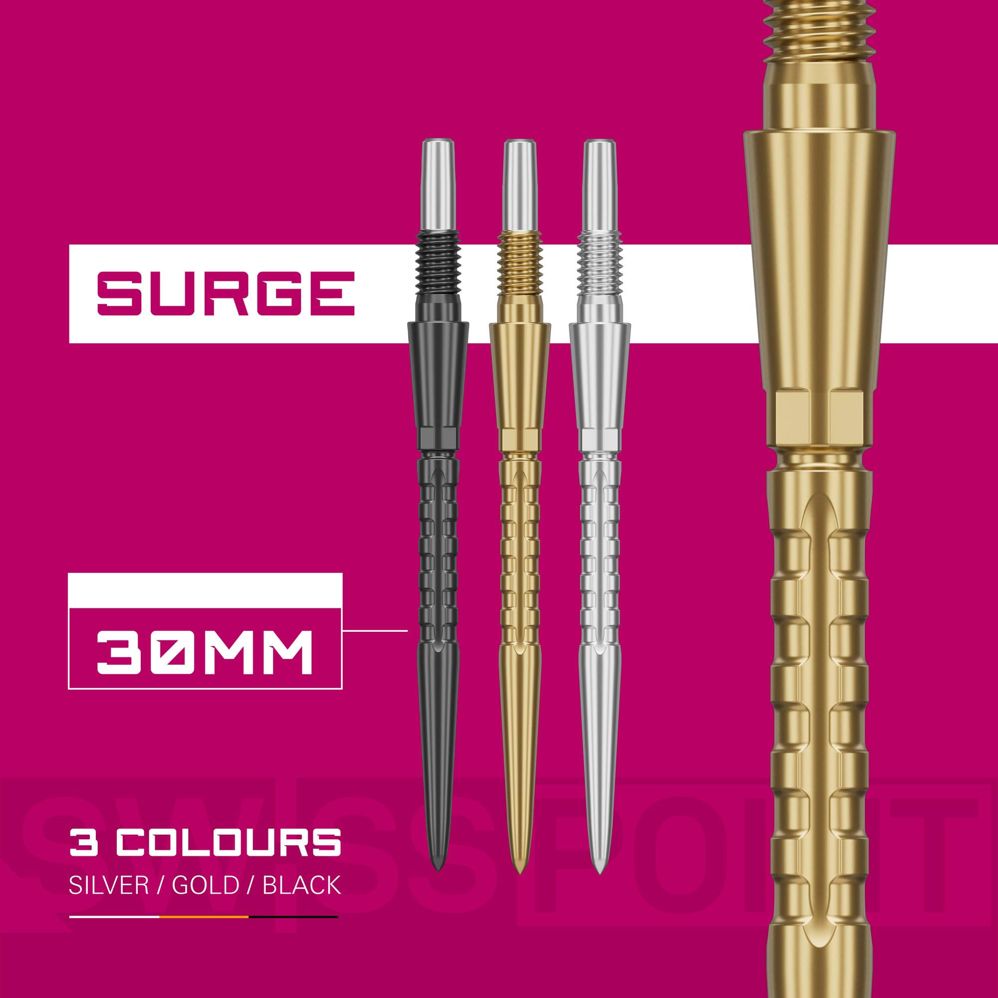Target Darts Swiss Point Storm Dartspitzen, Surge (3er Pack Spitzen-Set) 26MM/30MM/35MM - Gold/Silber/Schwarz | Wechselbare Dartspitzen, Swiss Storm Spitzen, Profi Dart Zubehör