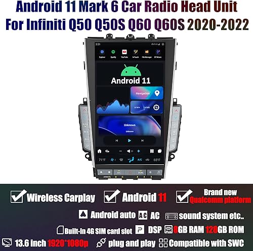 Miniatura 2 de Aucar Mark 6 - Unidad principal de radio de coche Android estilo T de 13.6 pulgadas para Infiniti Q50 Q50S Q60 Q60S, reproductor de video estéreo