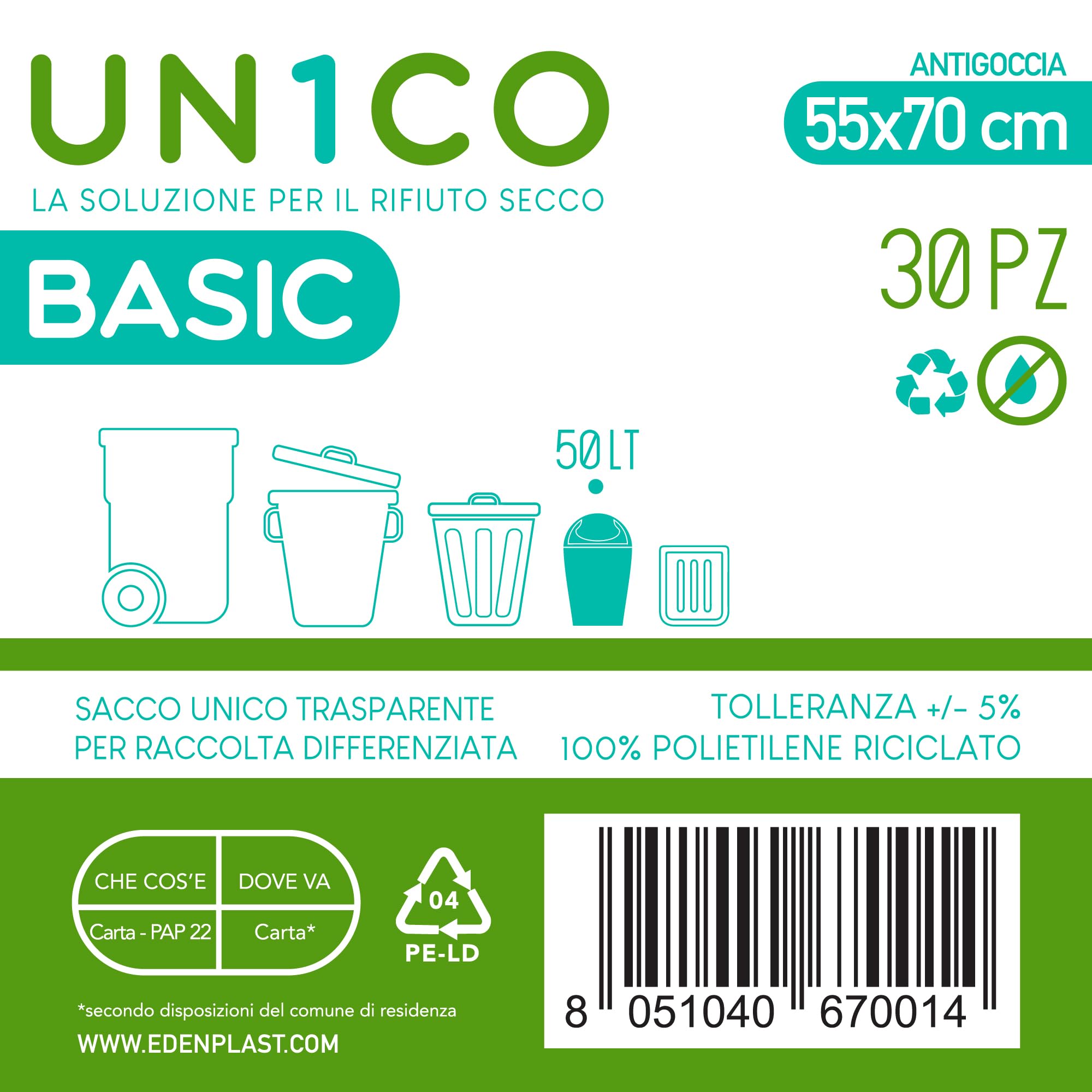 UN1CO BASIC Sacchi Spazzatura Trasparenti 50L - 55x70 cm - Sacchi Raccolta Differenziata Rifiuto Secco - Antigoccia - 100% Polietilene Riciclato - 16 Rotoli da 30 sacchi