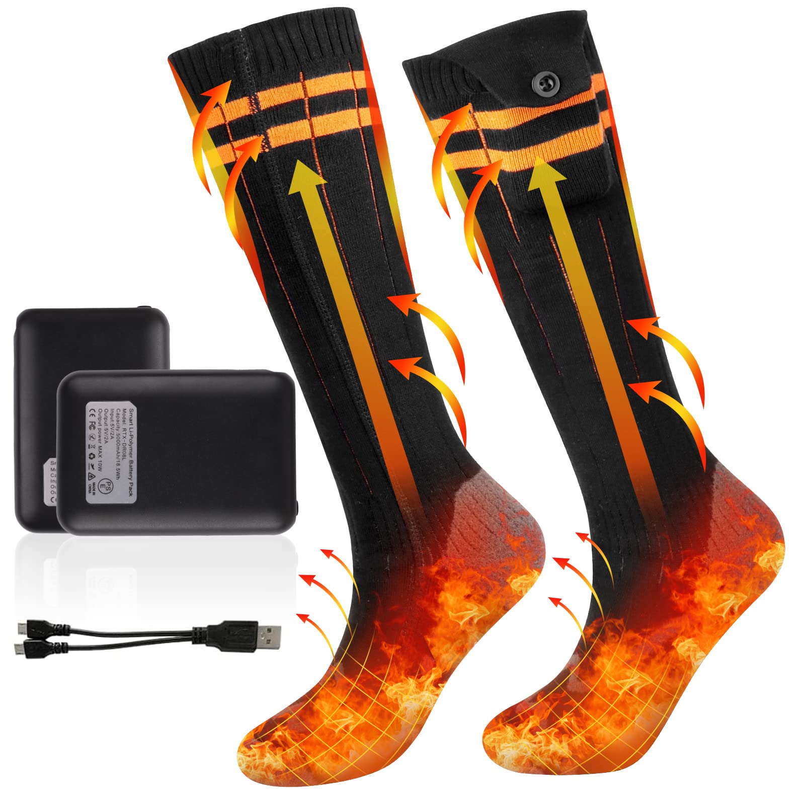 Heated Socks, 5V 5000mAh Rechargeable Electric Thermal Socks Battery Powered for Women Men, Winter Outdoor Washable Foot Warmer with 4 Level Warming Settings for Hunting Skiing Riding Hiking